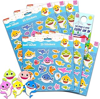Baby Shark Stickers Party Favors Bundle - 150 Baby Shark Stickers for Kids Featuring Baby Shark, Mommy Shark, Daddy Shark for Crafts and More Plus Door Hanger (Baby Shark Toys Party Supplies)