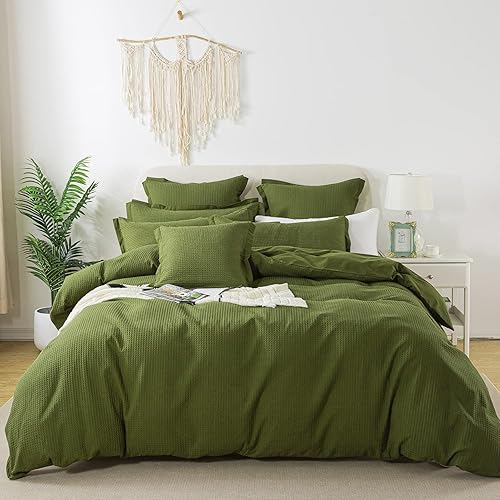 Miniatura 9 de FADFAY Juego de funda de edredón verde oscuro, tamaño Queen, tejido de gofre, reversible, 100% algodón lavado, color verde salvia, con textura,