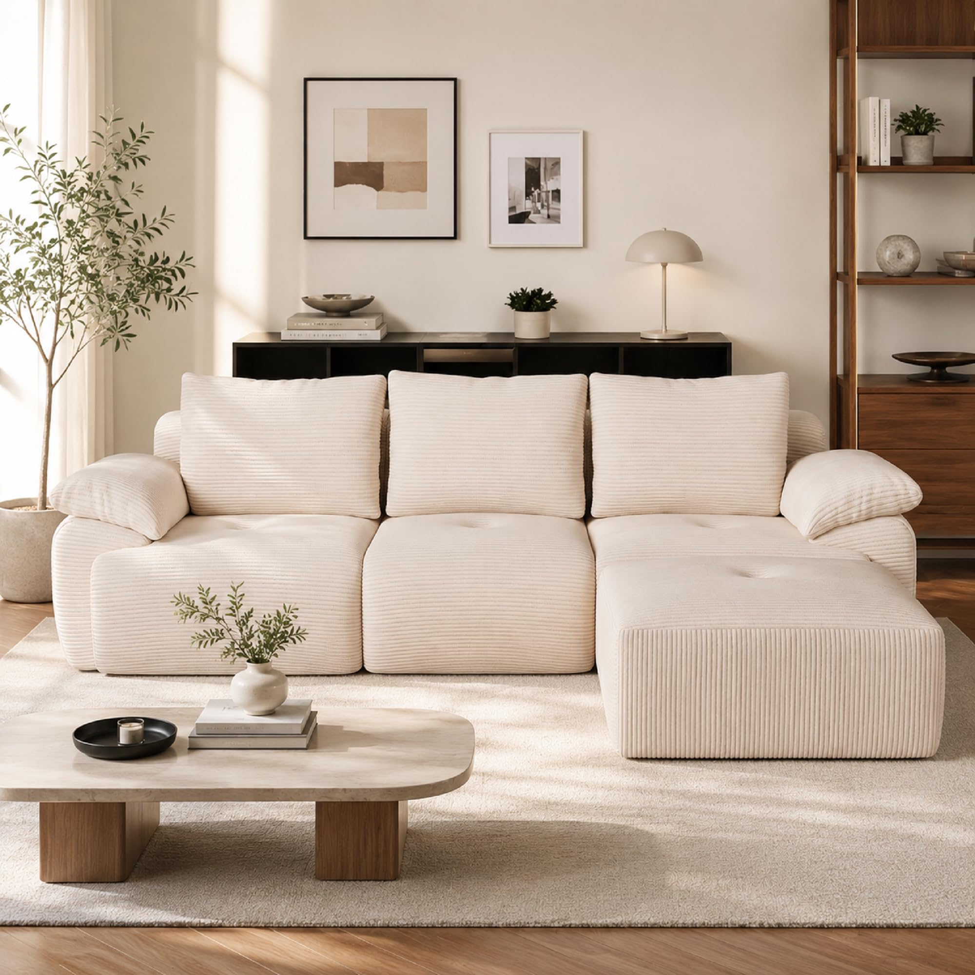 Sofá de esquina en forma de L, modular de 3 plazas, sofá apilable, combinable de forma flexible, tapizado en terciopelo acanalado, beige