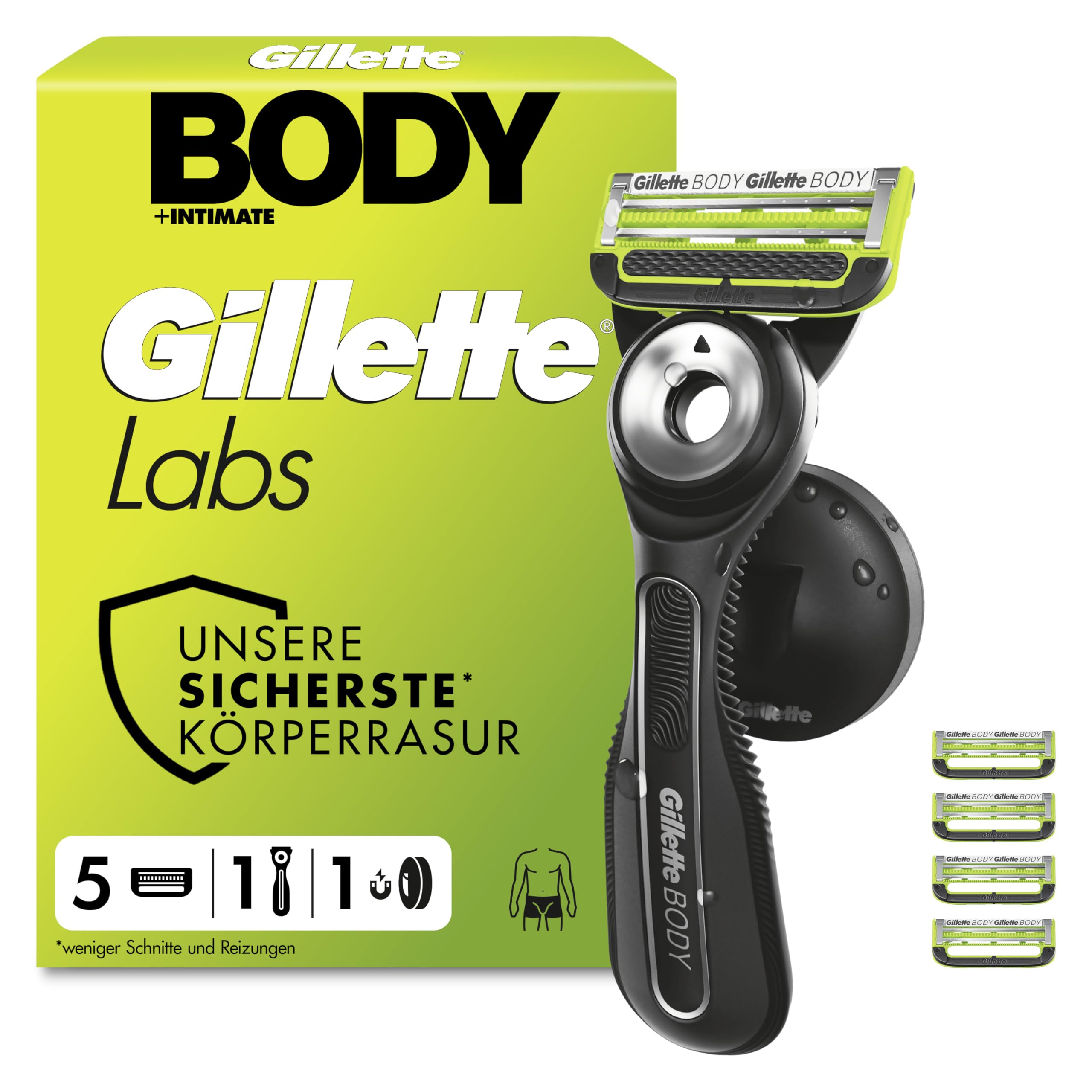 GilletteLabs Body & Intimate Rasierer Herren, Intimrasierer Mann mit Schutz Vor Eingewachsenen Haaren und Reizungen — Inkl. 1 Rasierhandstück für Körper und Intimbereich, Duschhalterung und 5 Klingen