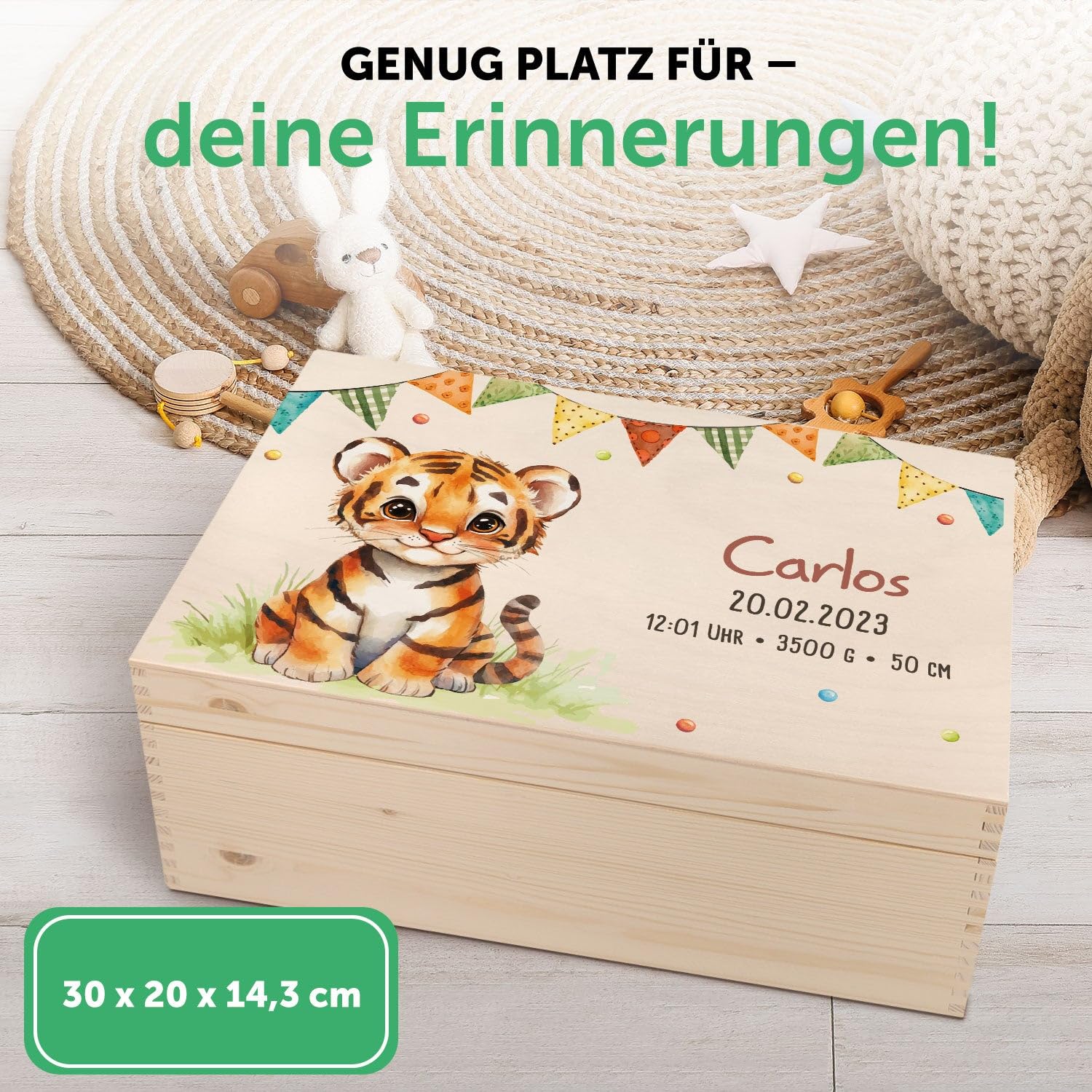 GRAVURZEILE Erinnerungskiste für Babys - Partytiere Tiger - Personalisiert mit Name & Datum - Holzkiste für Mädchen & Jungen - Geschenk für Baby zur Geburt - Erinnerungsbox für Neugeborene