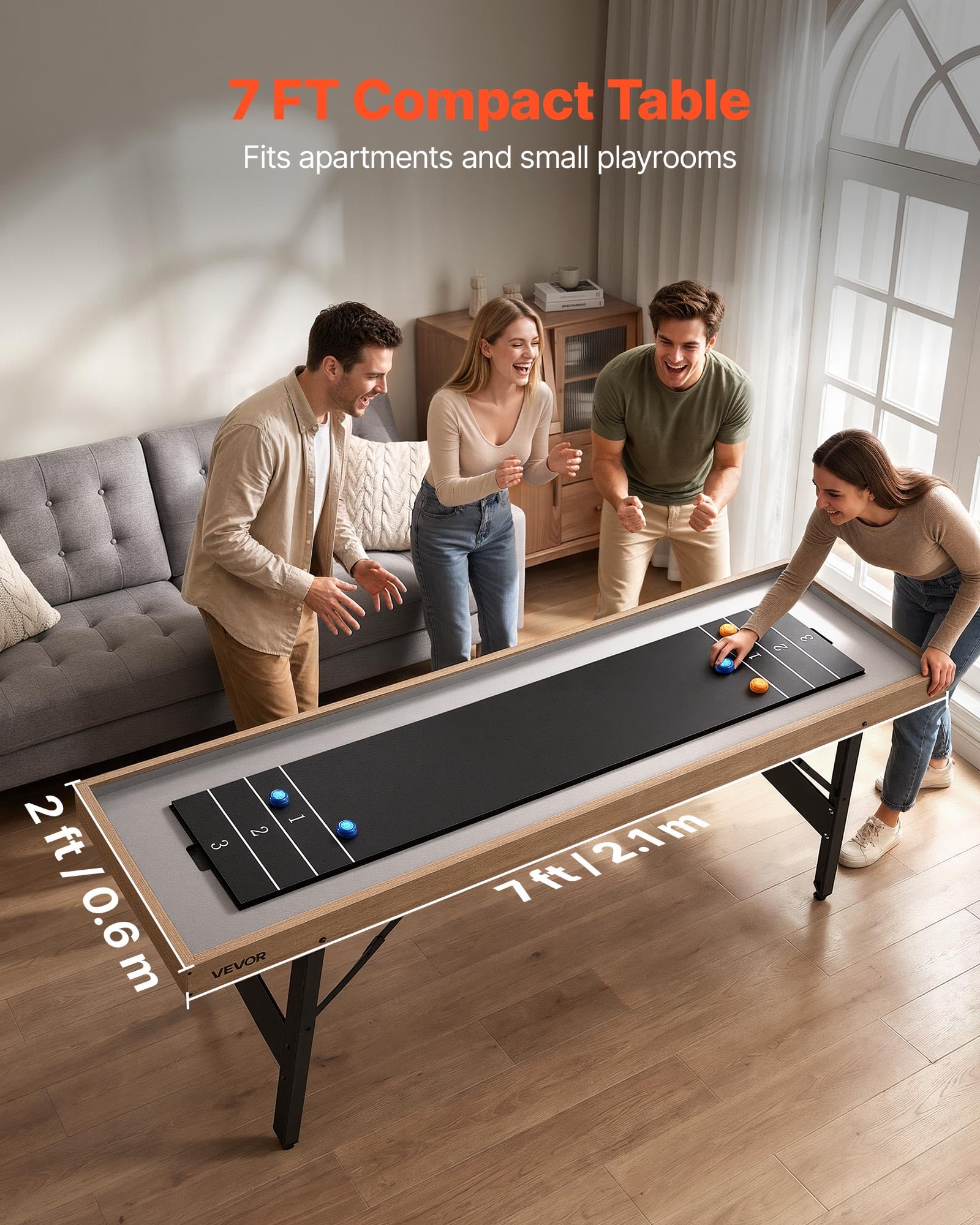 VEVOR Shuffleboard 2 in 1, 2,1 m, 2,7 m, 3,6 m, set combinato Shuffleboard e bowling, con campo di gioco antigraffio, dischi, set da bowling, cera, pennello, per sala giochi familiare