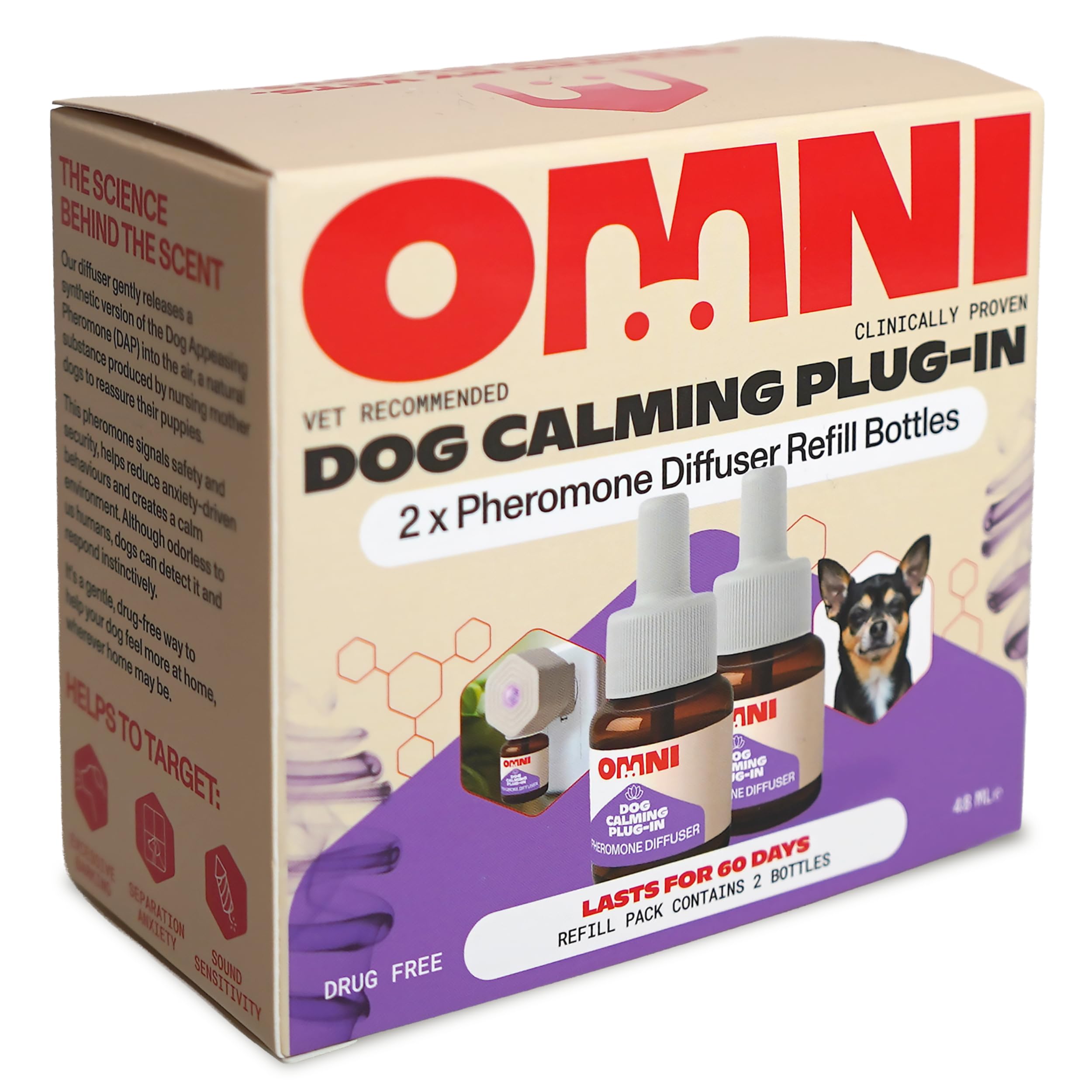 Omni Dog Calming Diffuser Refills with Pheromones for Dogs - Inspired by Nature, Helps Calm Your Dog from Separation Anxiety, Fireworks, Travel or Tension, x2 48ml Refill Bottles