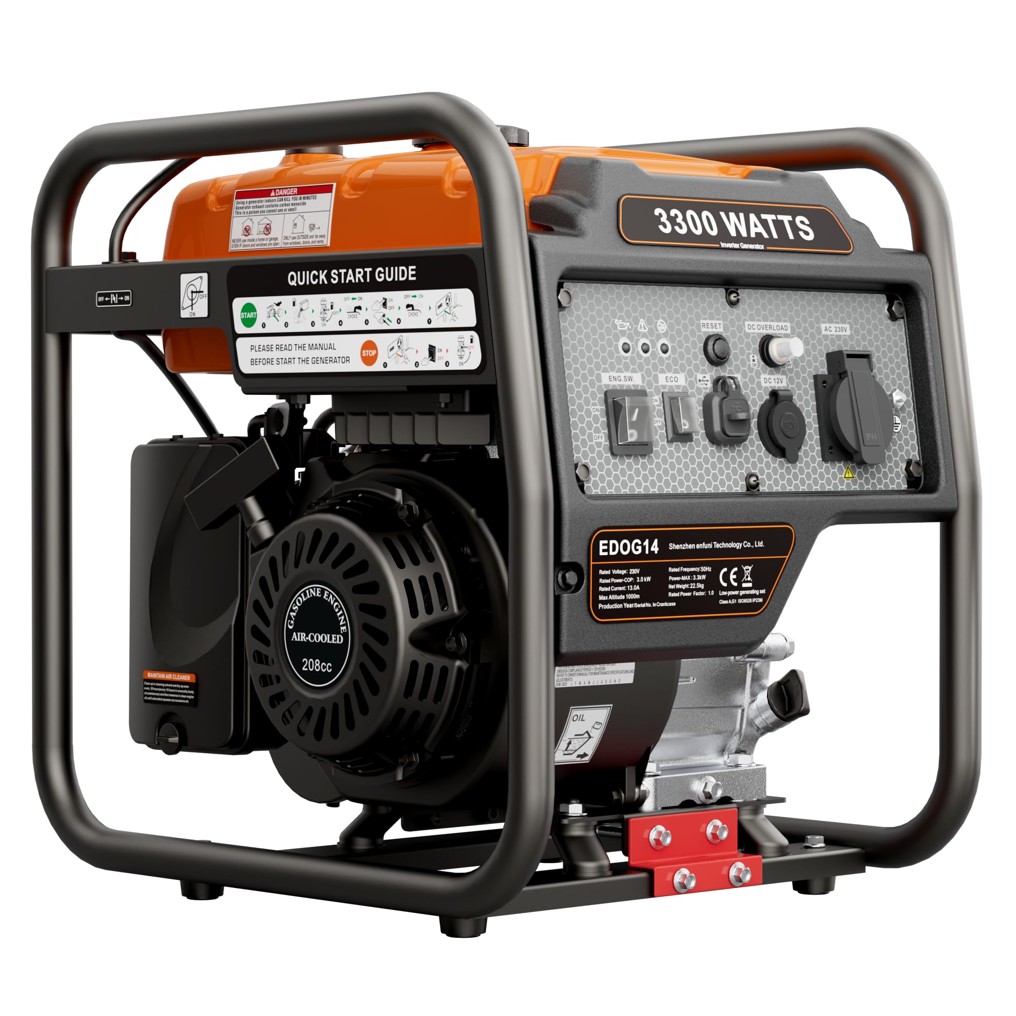 3300W Petrol Generator, Portable Inverter Generator with Pure Sine Wave 208cc 4-Stroke, Up to 14 Hours Runtime, 230V AC, 12V DC, USB & Type-C, for Camping, Caravan, Home Backup & Outdoor Use