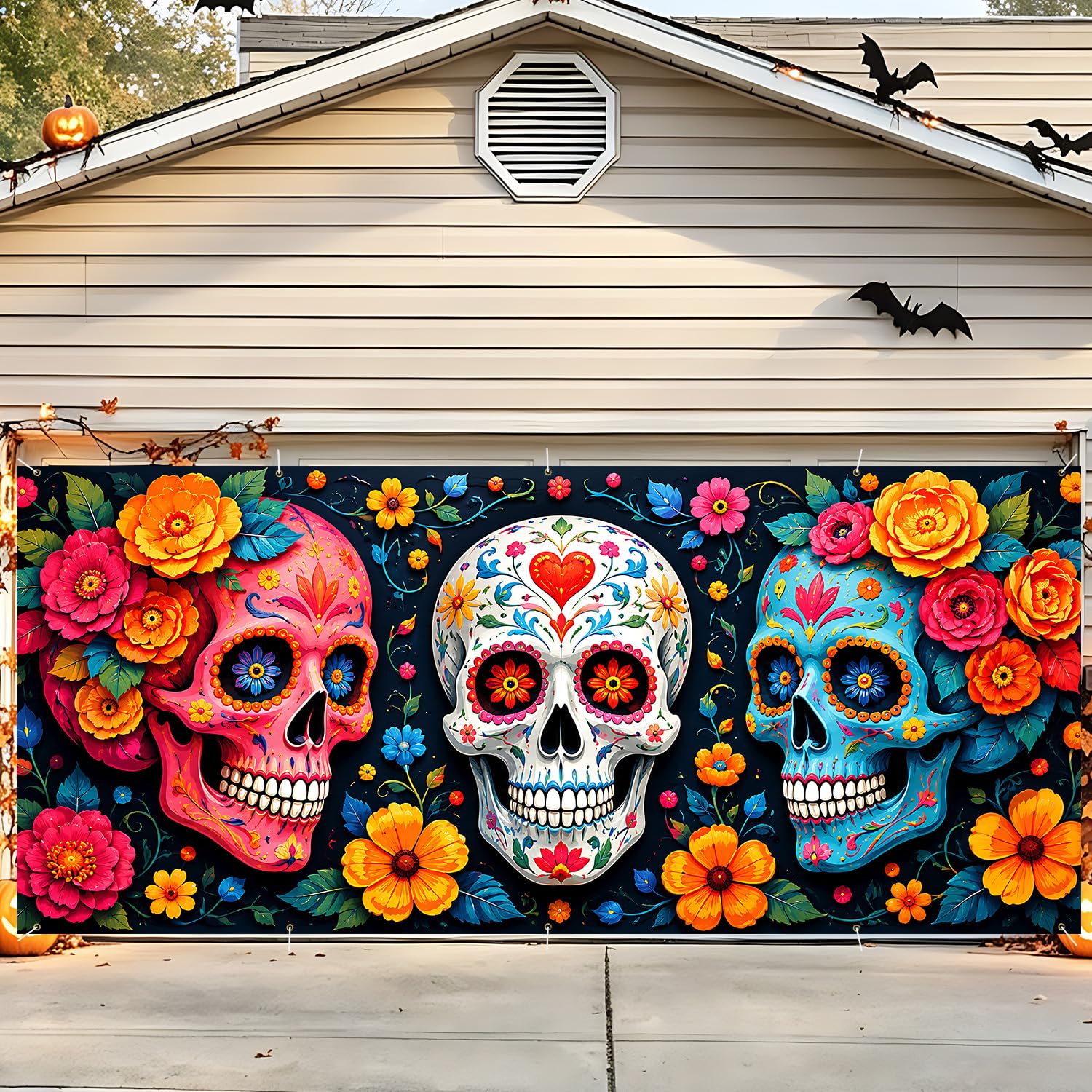 Halloween Garage Door Decorations 7 x 16 ft, Sugar Skull Cover