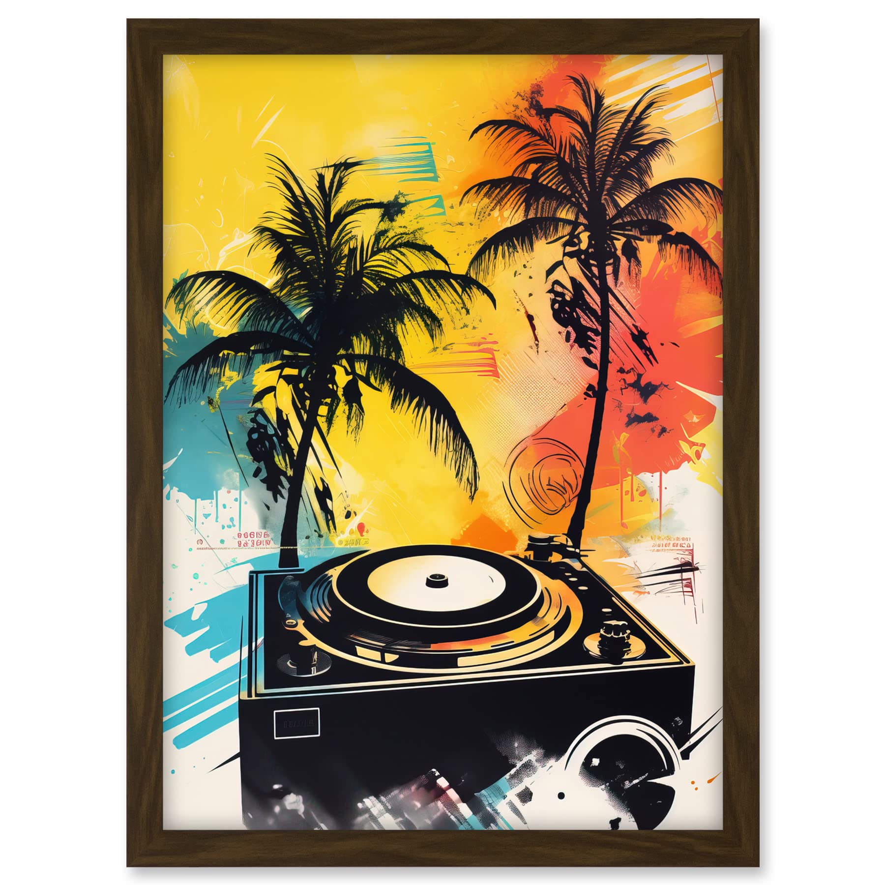 Artery8 Music Under Palm Trees Tropical Beach Party Modern Watercolour Painting Artwork Framed A3 Wall Art Print