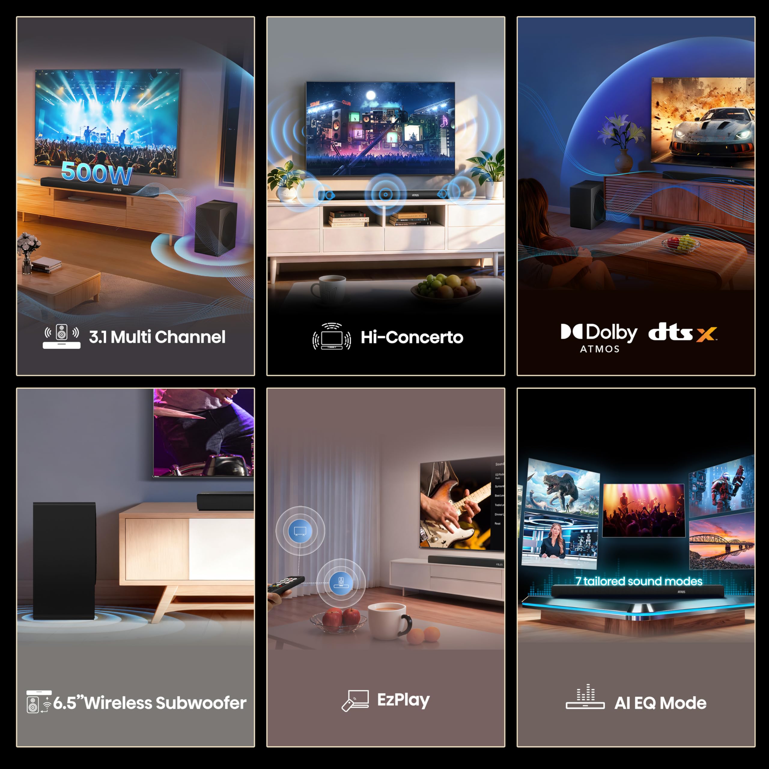 Hisense AX3100Q - Altavoz de Barra de Sonido, 3,1 Canales, 500 W, Dolby Atmos, DTS:X, Bluetooth, diseño Compacto, HDMI, Pure Surround