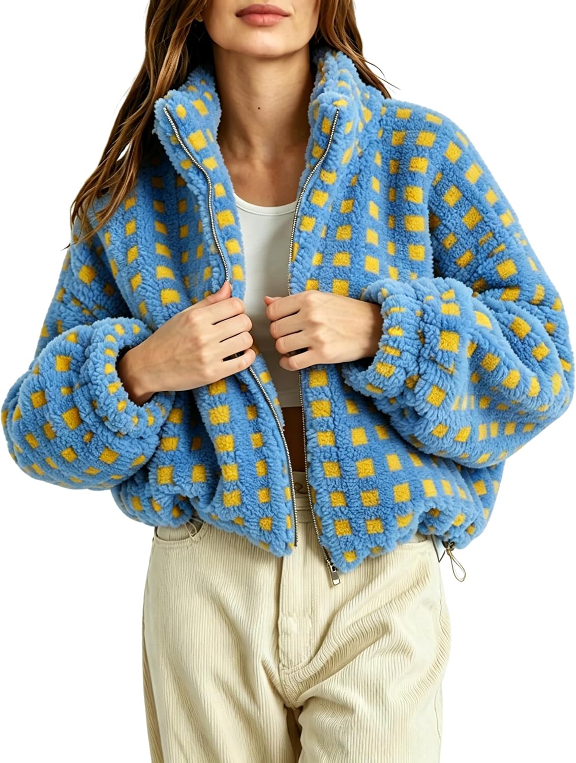 Esmeling Women’s Long Sleeve Cropped Sherpa Fleece Plaid Jacket Casual Chunky Teddy Fleece Outerwear