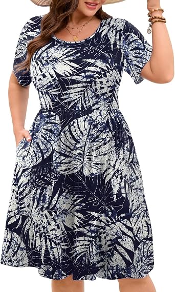 JollieLovin Women Plus Size Summer Dress T Shirt Short Sleeve Casual Empire Waist Dresses with PocketsL-5X
