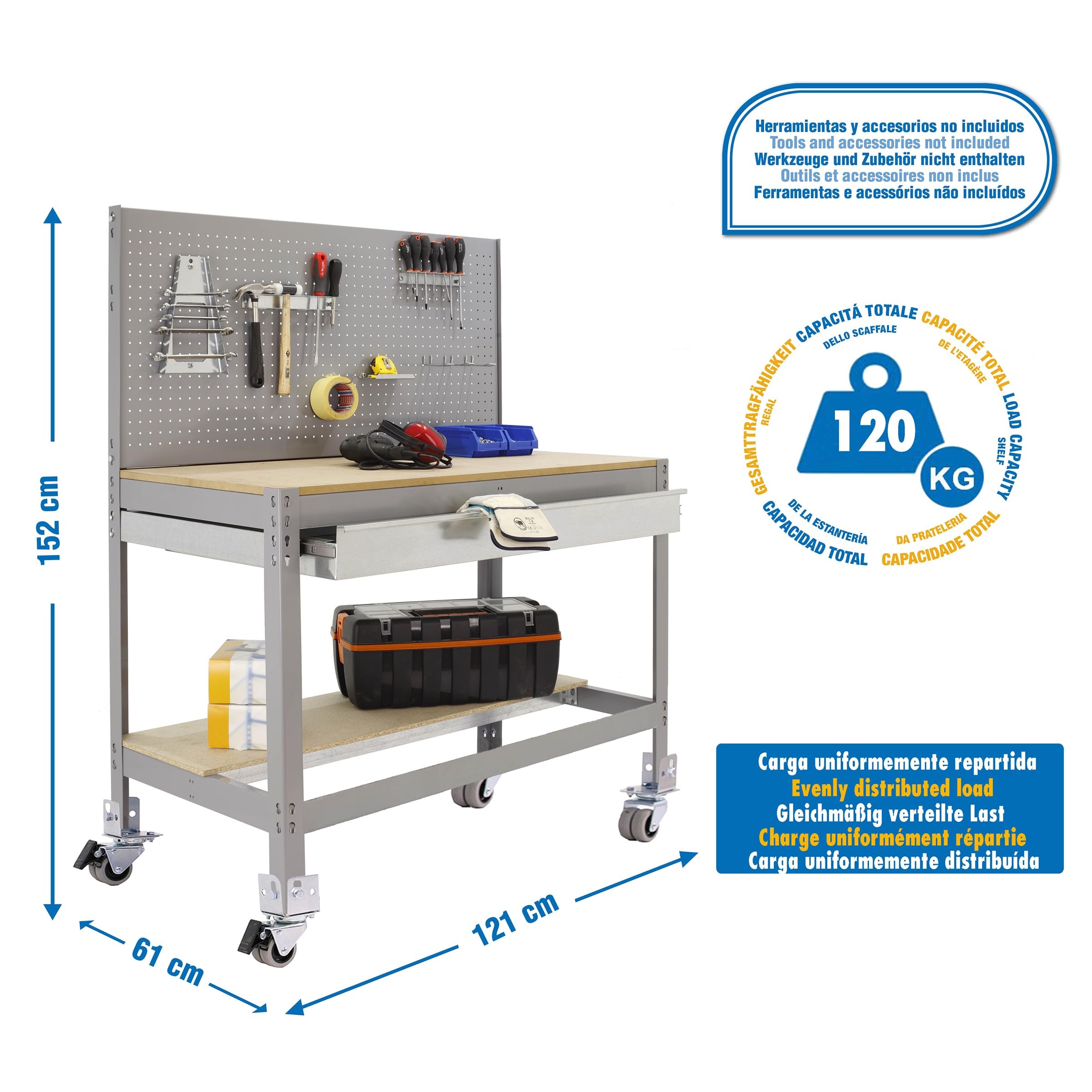 Simon Rack Banco de Trabajo Taller con Ruedas 1210x610 mm - BT2 | Panel Perforado y Cajón, Tablero madera 16 mm, Capacidad Carga 120 kg, Gris , Pintura anticorrosión, Montaje sistema clic