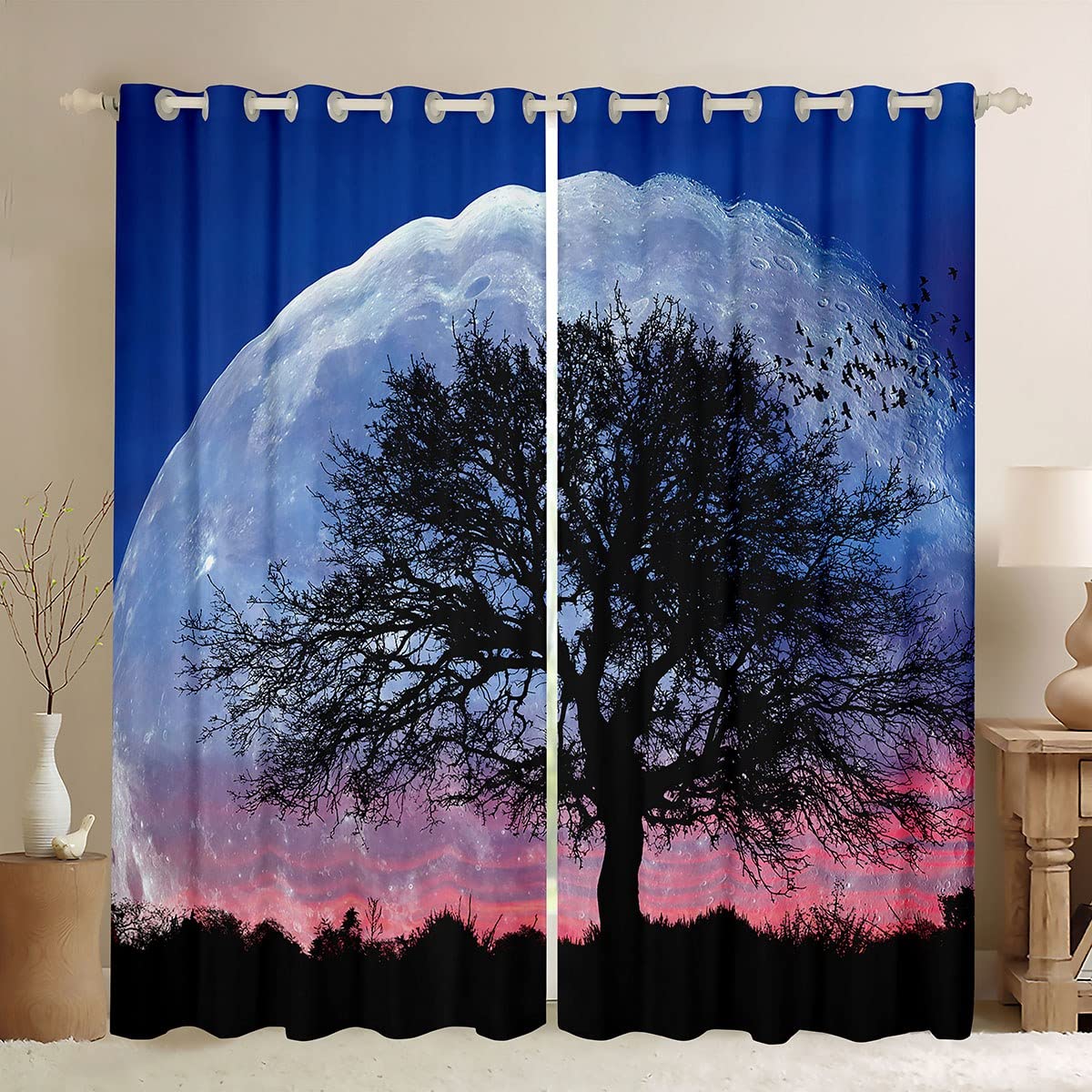 richhome Moonlight at Night Window Curtains,Tree Silhouettes Curtain,Starry Sky Window Drapes for Kid Teens Boys Young Man,Modern Bedroom Decorative,Moon Curtain,66Wx90L โ image 1
