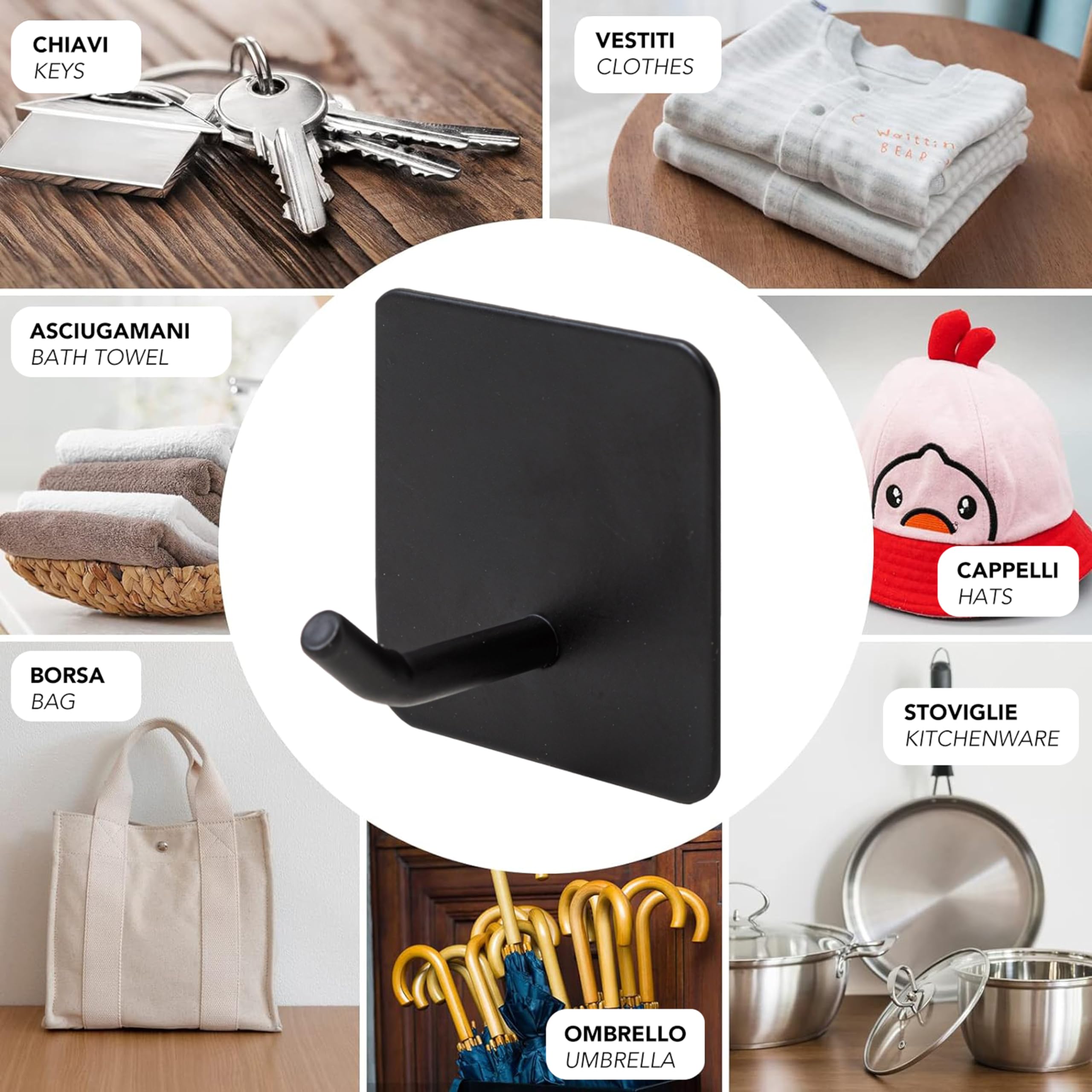 Ganci Adesivi Neri In Metallo - 4 Pezzi Quadrati Per Parete, Porta Fino A 5kg - Per Cucina, Bagno, Casa - Foto 8