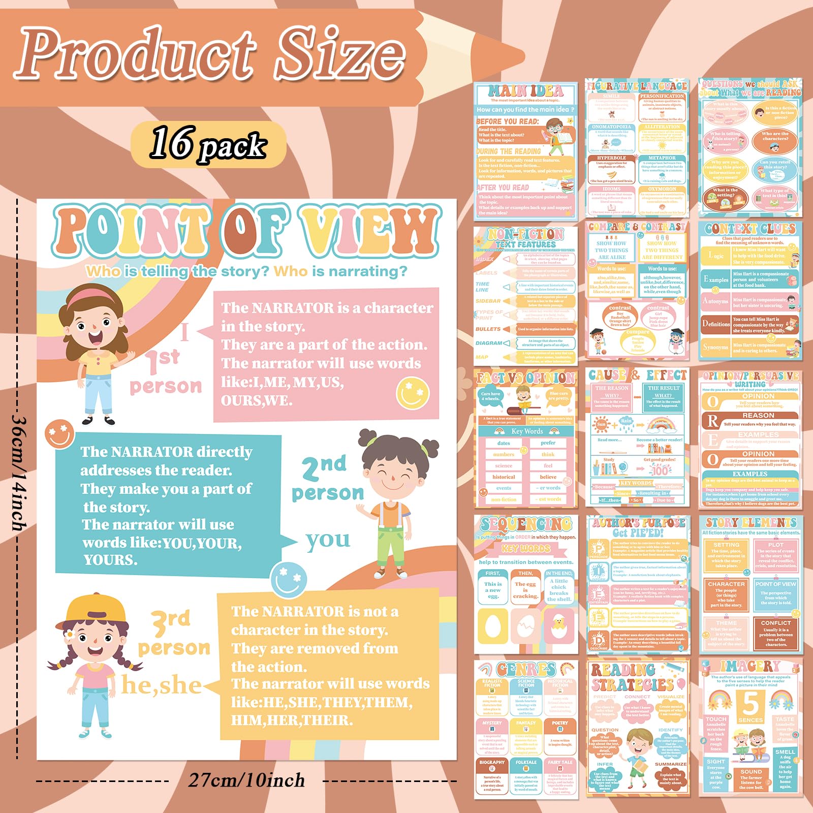 CHUNNIN 16Pcs Hippie Reading Comprehension Poster for Classroom Decoration Sign Groovy Rainbow Daisy Educational Literature Genre Bulletin Board Chart for Elementary Middle High School Wall Decor - Image 2