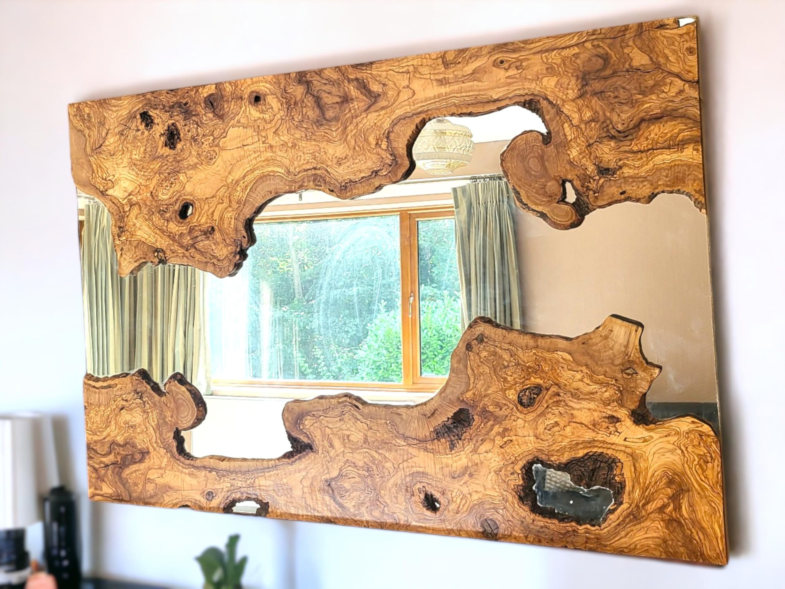 Handcrafted Olive Wood Rustic Mirror | Unique Live Edge Wall Decor | Natural Wood Frame | Artisan-Made Home | Sustainable Design (60 cm x 45)