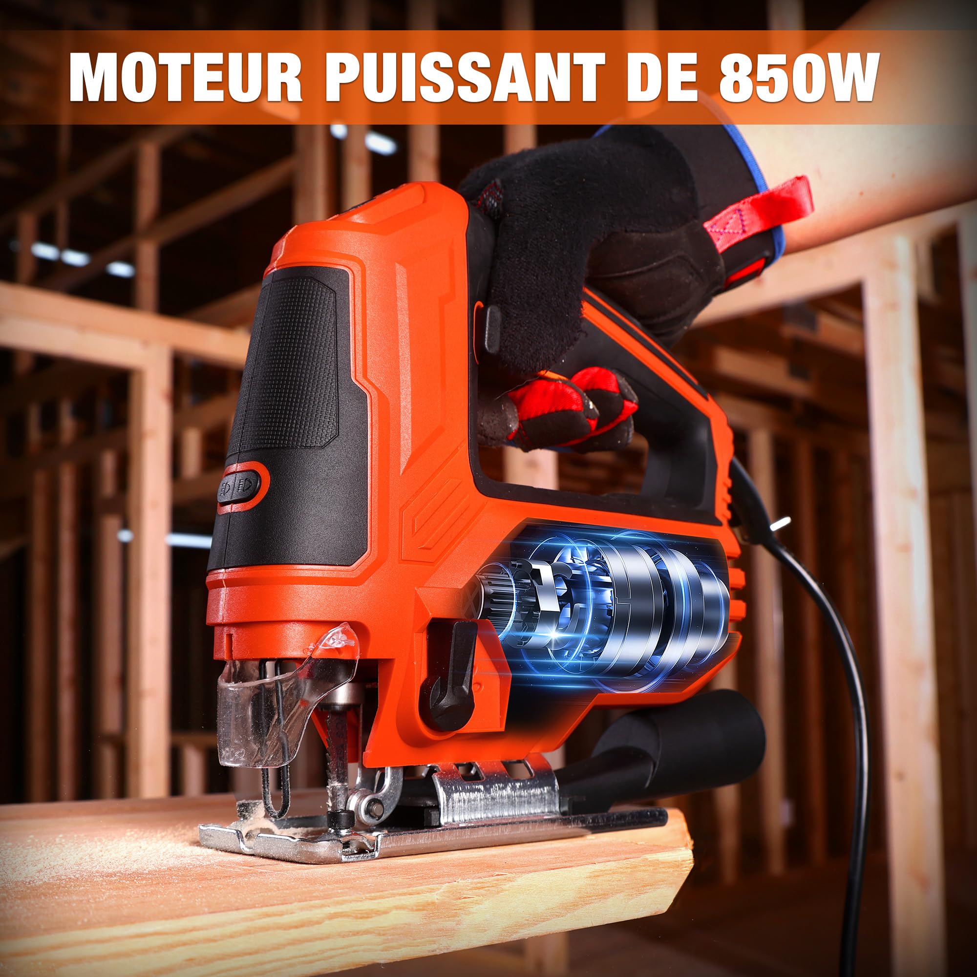 ValueMax 850W Scie Sauteuse, Vitesse réglable de 800 à 3000 SPM, 6 Vitesses, 4 Modes de Coupe, Coupe en Biseau à±45°, Fonction soufflerie, 6 Lames, Lampe LED, Idéale pour Bois, Métal et Plastique