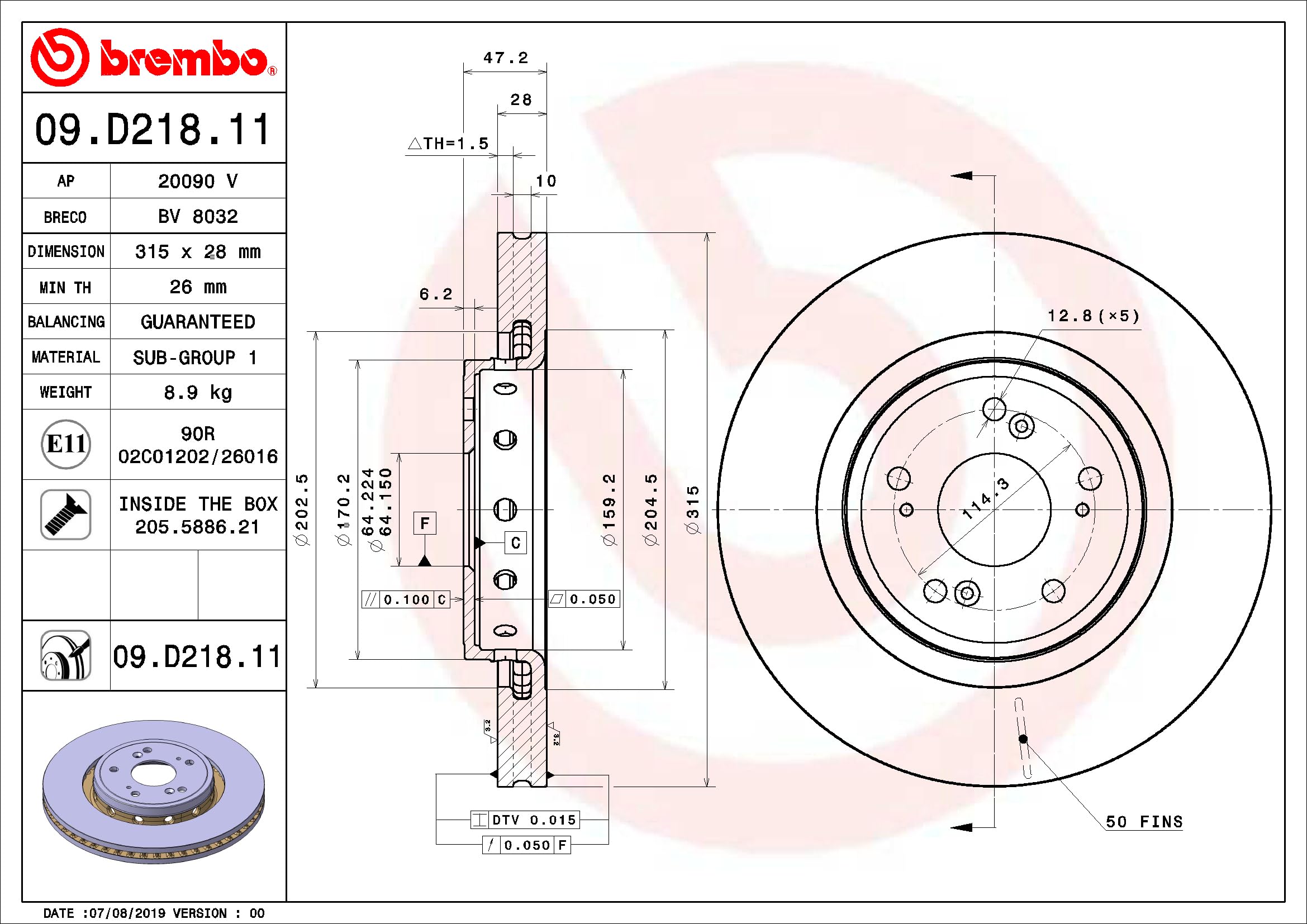 Brembo 09.D218.11 Disco Freno Anteriore con verniciatura UV, Set di 1