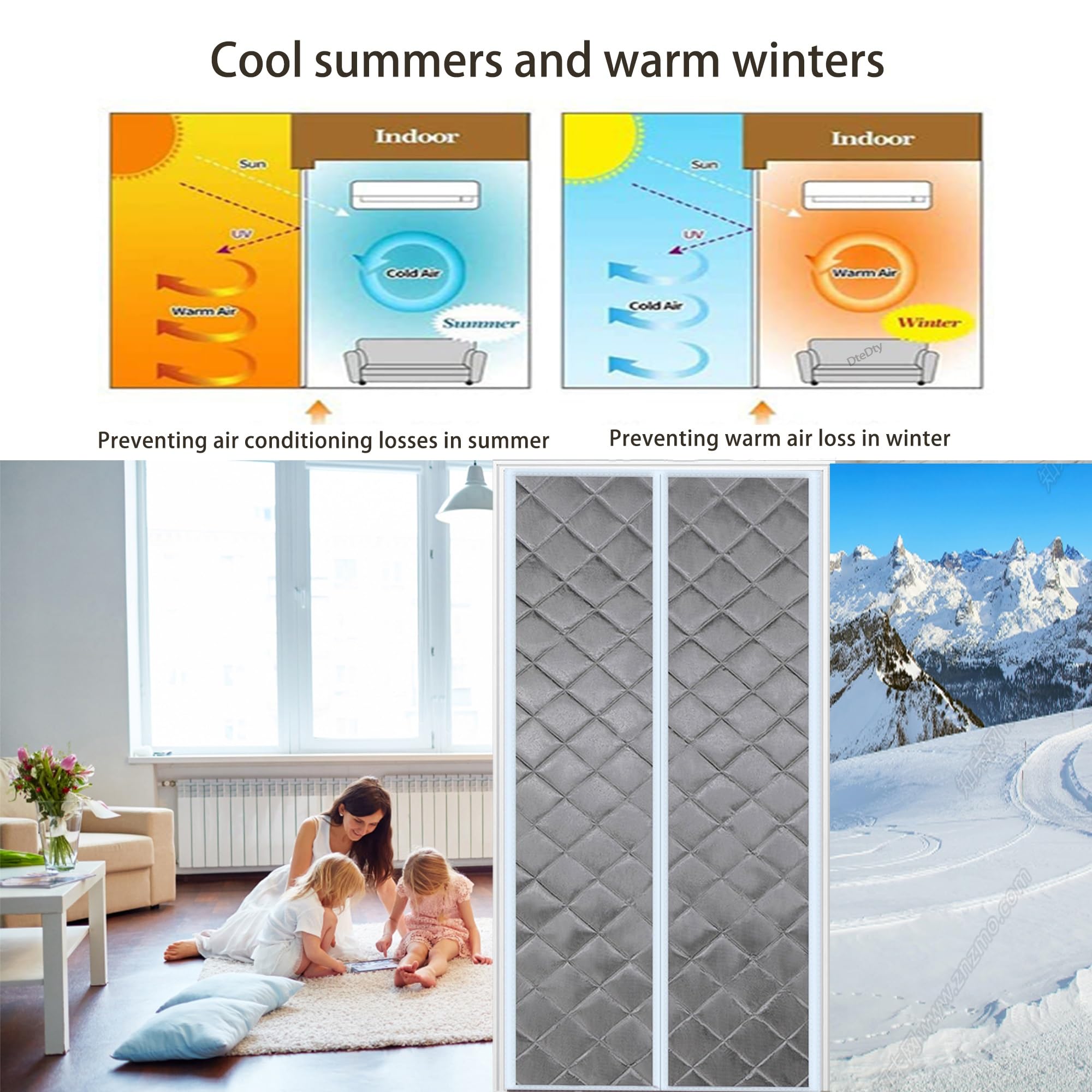 Cortina De Puerta Térmica Magnética, 125x220cm Aislamiento Cortina De Puerta Magnética A Prueba De Viento Puertas Plegables De Invierno Cierre Automático Interno(Gris)