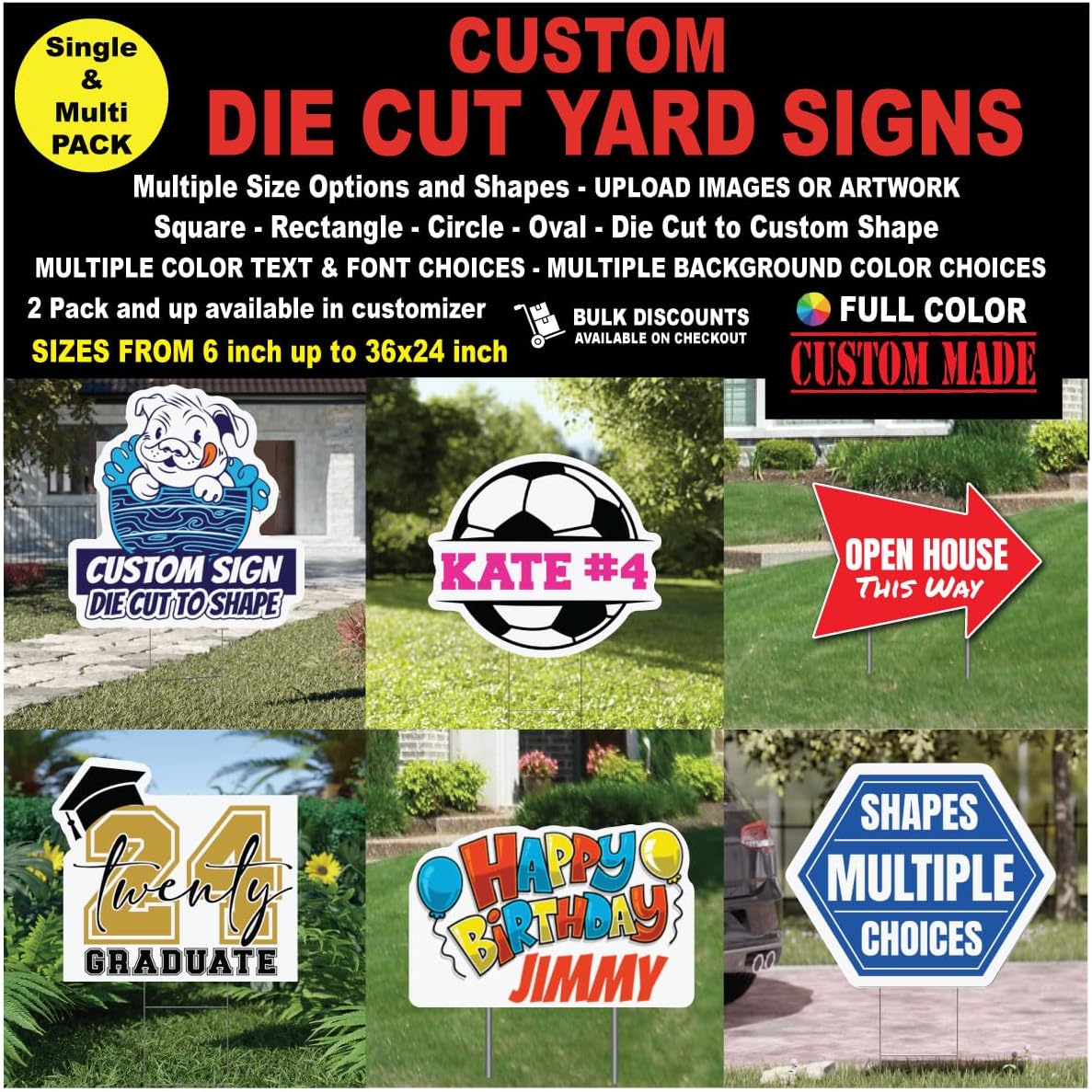Custom Die Cut Yard Signs, Cut to Shapes or Artwork, Full Color Single Side Print, Outdoor, Weatherproof Corrugated Plastic, Metal H-Stake Included