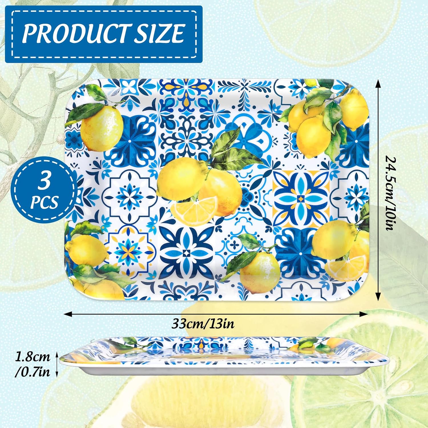 FYSUIMU 3Pcs Lemon Serving Trays Blue Tiles Lemon Print Platter Summer Citrus Fruit Serving Dishes for Spring Birthday Party Sharing Snacks Fruit Desserts