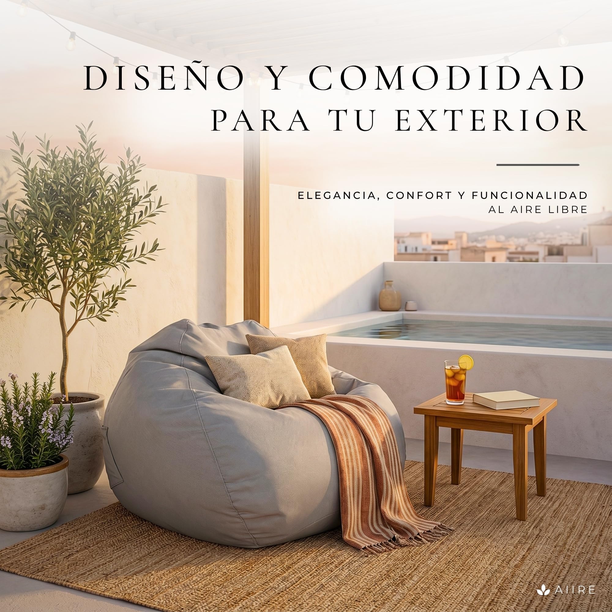 Aiire Sillón Puff Exterior Jardín - Puf con Relleno Incluido para Piscina, Terraza o Porche - Funda Resistente, Desenfundable y Lavable - Bean Bag Chair Exterior e Interior Juvenil o Adultos