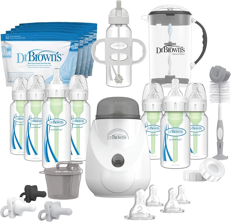 Natural Flow Anti-Colic Options+ All-In-One Gift Set for Newborn, with Bottle Warmer, HappyPaci Pacifiers, Cleaning Brush, Formula Mixing Pitcher & Formula Dispenser, 0m+