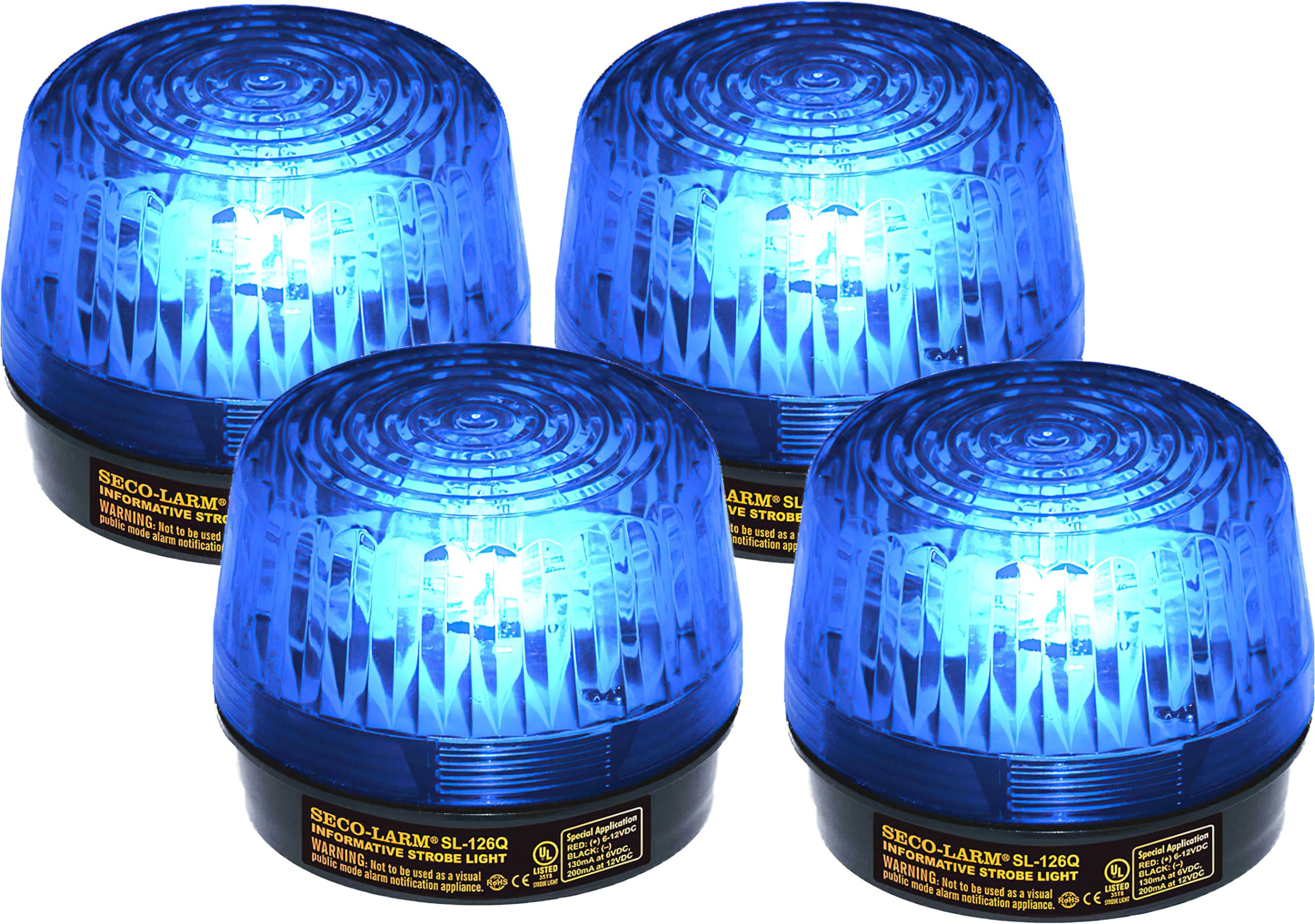 Seco-Larm SL-126Q/B Pack of 4 Strobe Lights, Blue; 6 ot 12VDC; Easy 2-Wire Installation; High-Impact and Heat-Resistant Acryrex Lens; Lifespan of Over 300 Continuous Hours; Protective Inner Cover
