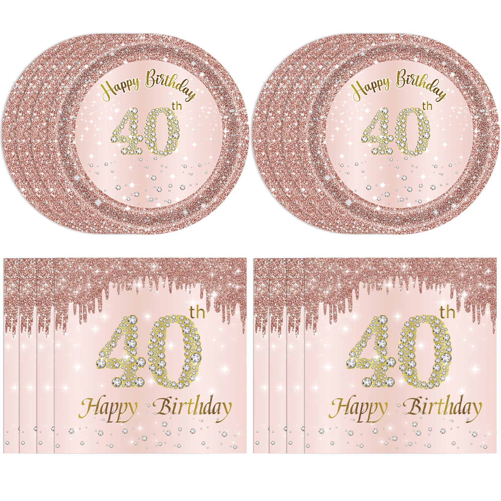 Juhap 40th Birthday Decorations for Women, Rose Gold Forty Year Old Party Supplies Include 20 Plates 20 Napkins, Pink 40 Aged Birthday Party Tableware