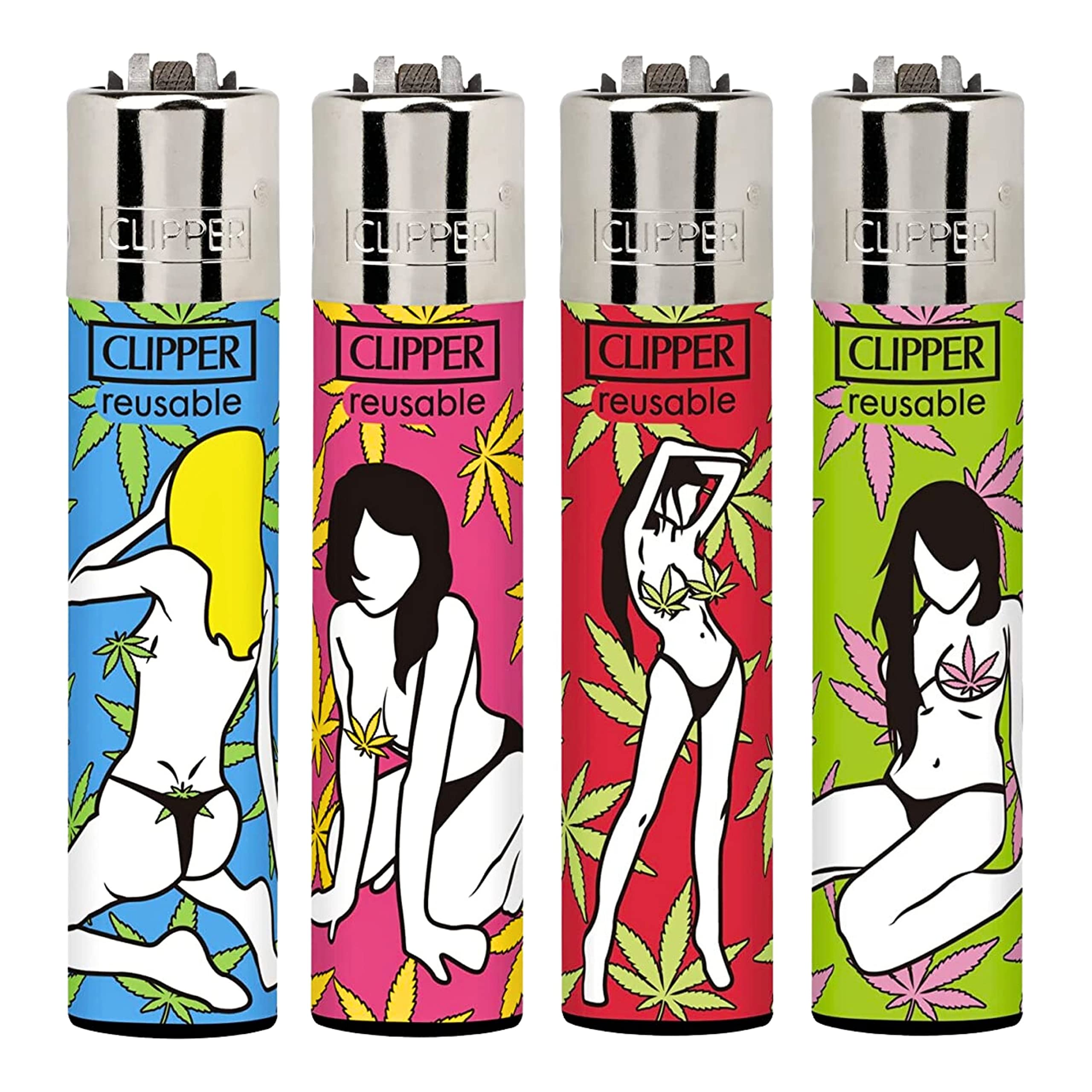 ZACTLY - 4 x Clipper Lighter SEXY LEAVES Full Set, Refillable Gas Lighters, Replaceable Flint, Rare Limited Edition