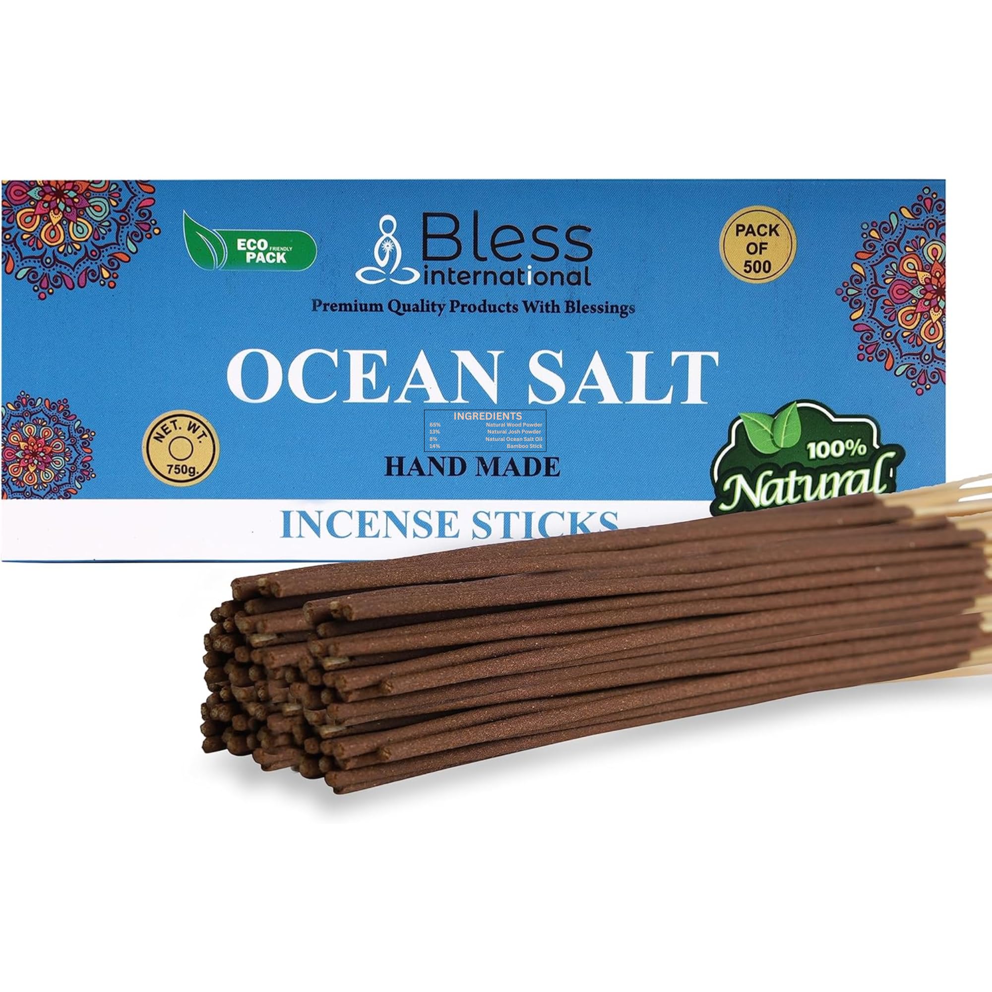 Bless-Ocean-Salt 100%-Natural-Handmade-Hand-Dipped-Incense-Sticks Organic-Chemicals-Charcoal-Free Purification-Relaxation-Positivity-Yoga-Meditation Best-Woods-Scent (500 Sticks(26 OZ))
