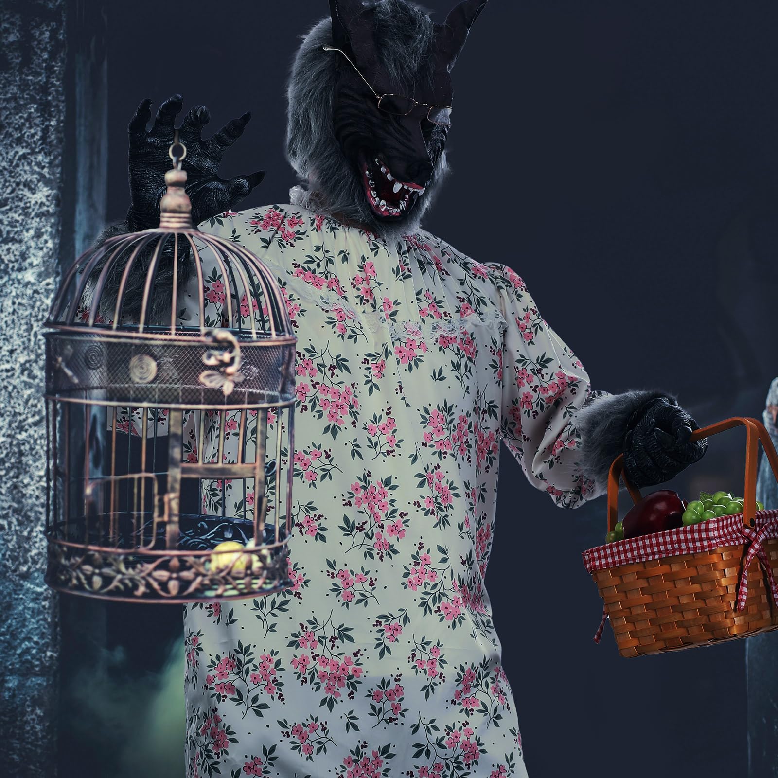 Hercicy 8 Pcs Halloween Wolf Granny Costume Wolf Claws Gloves Tail Shoes Cover Hat Glasses and Head Mask Pajamas Rect Basket (Stylish)