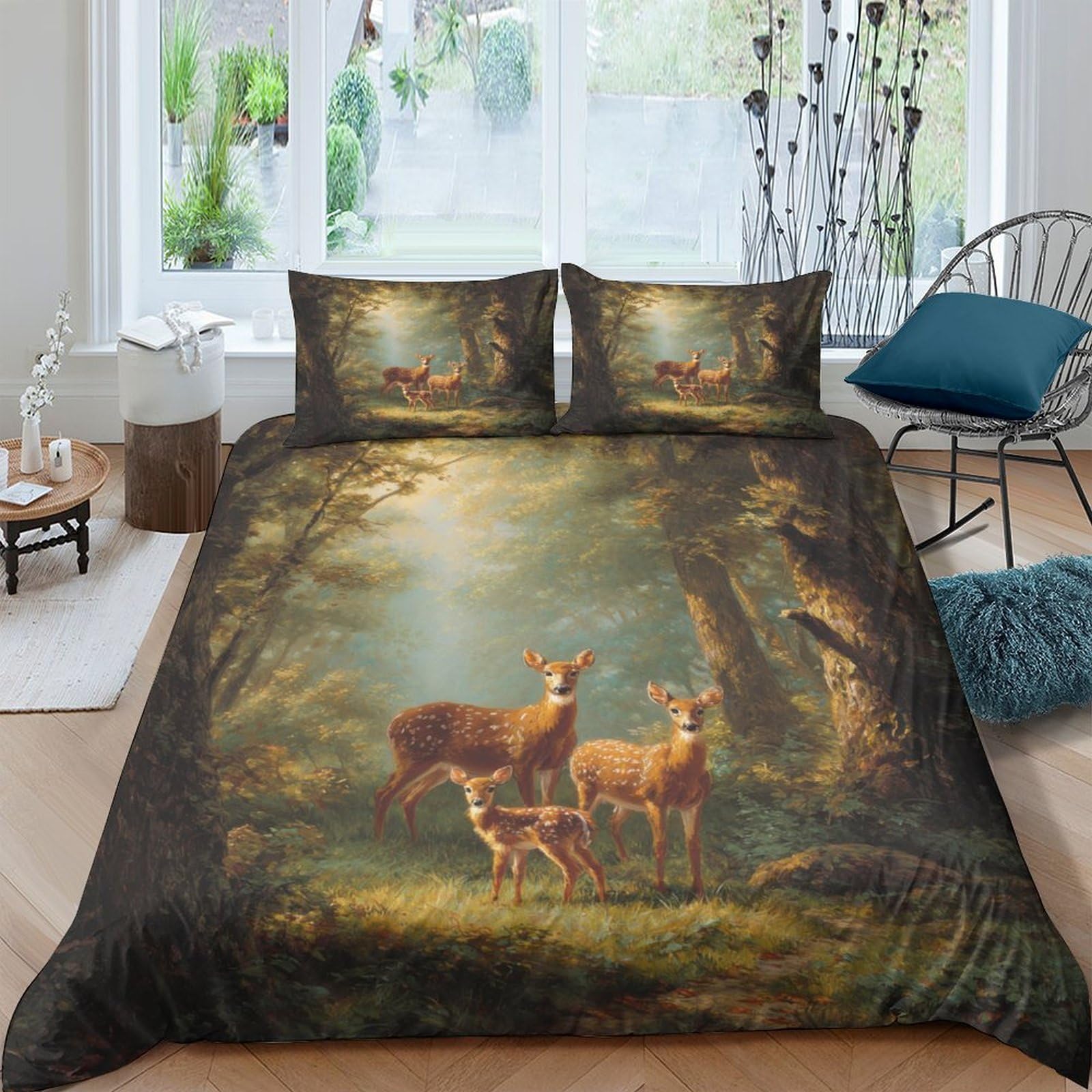 GPLZQXKJNH 3D Printed Forest Deer Duvet Cover Microfiber Soft Breathable Woodland Animals Bedding Set with 2 Pillowcases for Bedroom Decor Single（135x200cm）