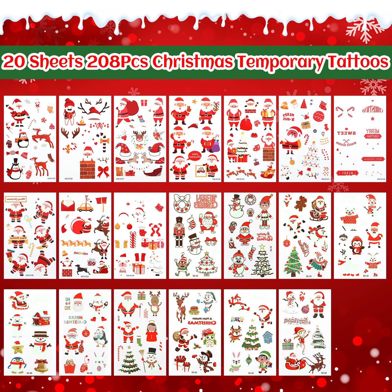 JUNEBRUSHS Glowing Christmas Temporary Tattoos for Kids 208Pcs Kids Tattoos 20 Sheets Christmas Stocking Stuffers Glow in the Dark Decorations for Boys Girls Christmas Face Makeup Gift Filler - Image 4