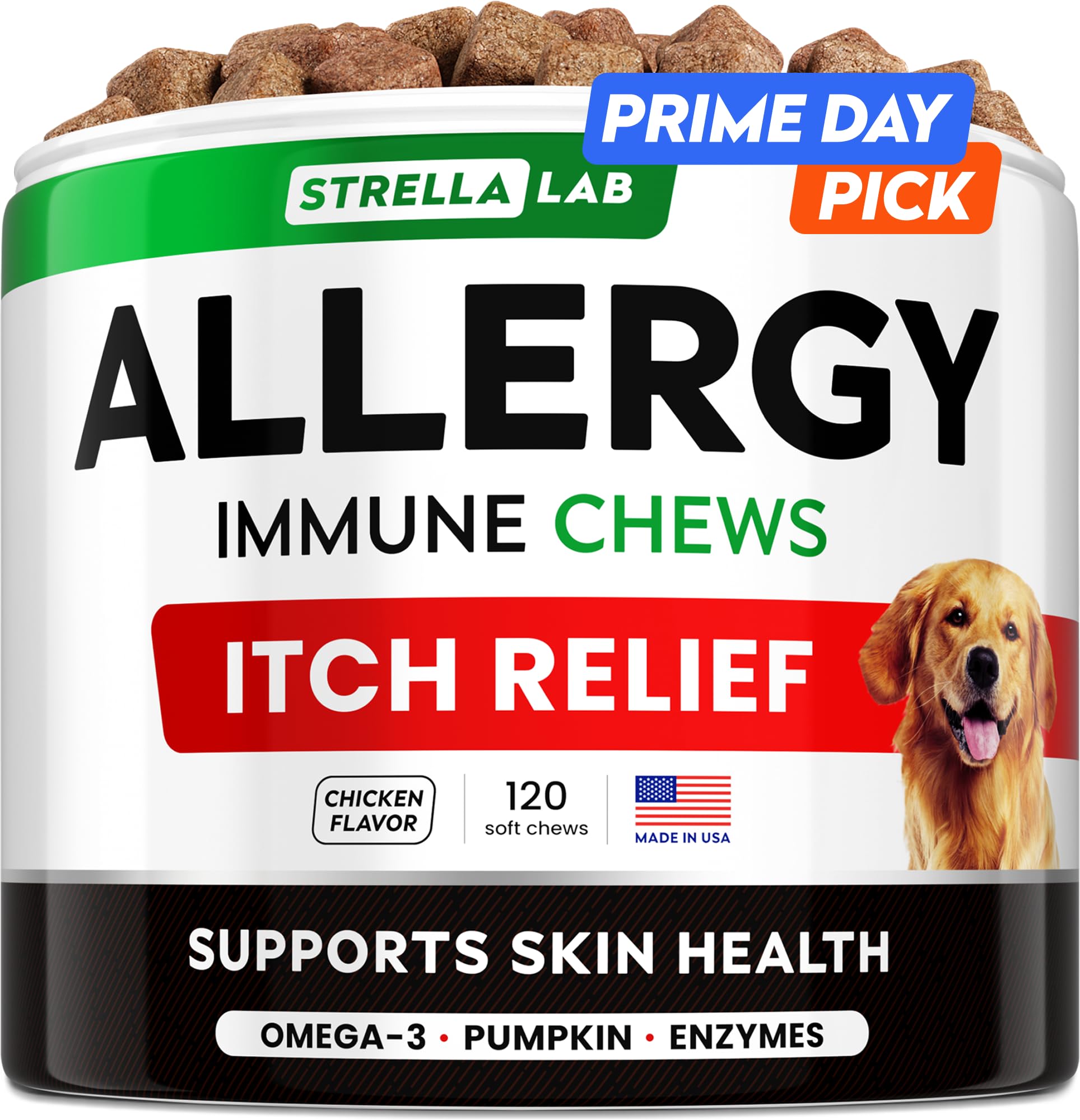 StrellaLab Dog Allergy Relief & Anti Itch Support Chews w/Omega 3: Real Ingredients, Real Taste! Skin & Coat Immune Supplement w/Fish Oil, Pumpkin & Enzymes — Developed by Experts - Made in USA -120Ct