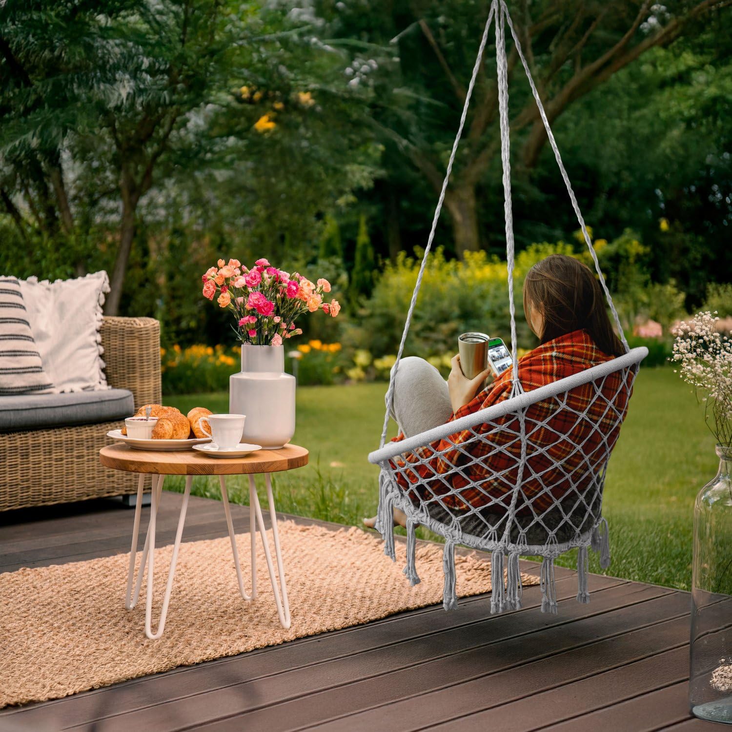 Fauteuil Suspendu 1 Personnes XXL avec Coussin, Single Chaise Suspendue Exterieur de jusqu'à 150 kg, Boho Chaise Hamac Suspendu Interieur, Fauteuil Balancoire Bohème, Ideal pour Jardin, Gris
