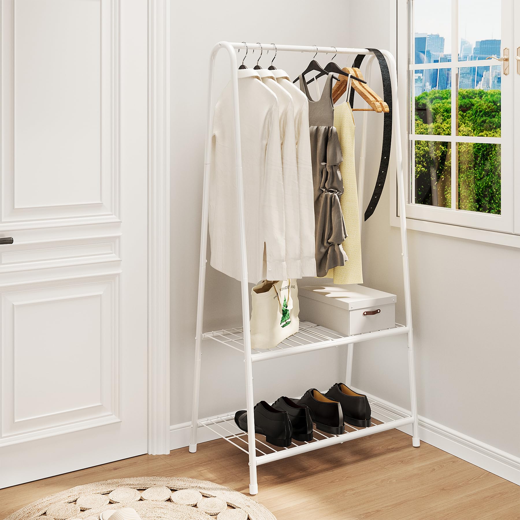Buzowruil Black Metal Clothing Rack With Double Shelf - Freestanding Garment Rack For Bedroom Or Laundry