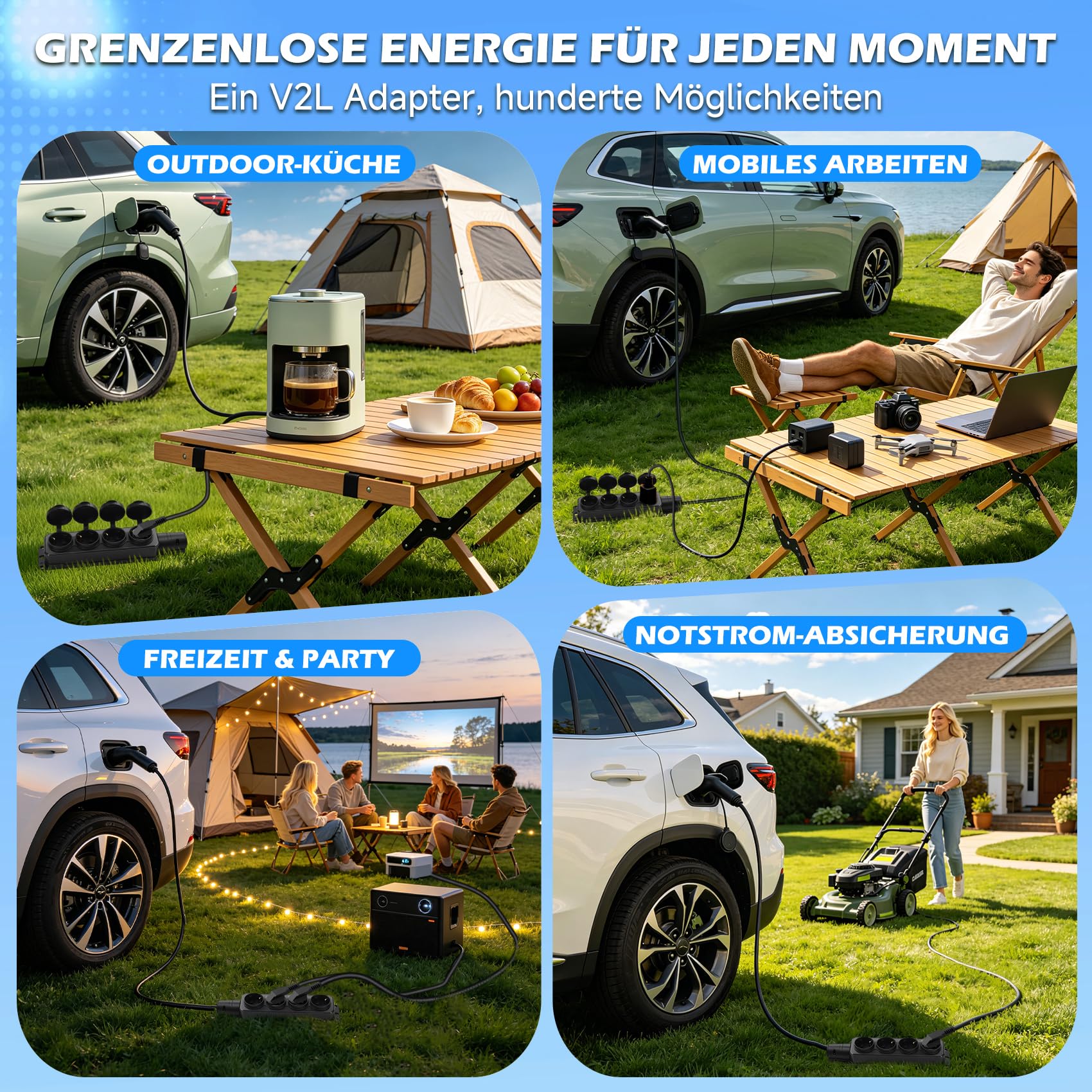 JULIK V2L Adapter Nur für BYD ATTO 3, Seal U, Dolphin, ETP3 & Denza D9-3 Meter Gesamtlänge mit 4-Fach Steckdose, 3.5kW 16A Vehicle-to-Load Entladepistole für EV & PHEV, Camping & Notstromversorgung
