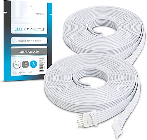 Litcessory Cable de extensión para Philips Hue Lightstrip Plus (10 pies, paquete de 2, blanco, micro 6 pines V4)