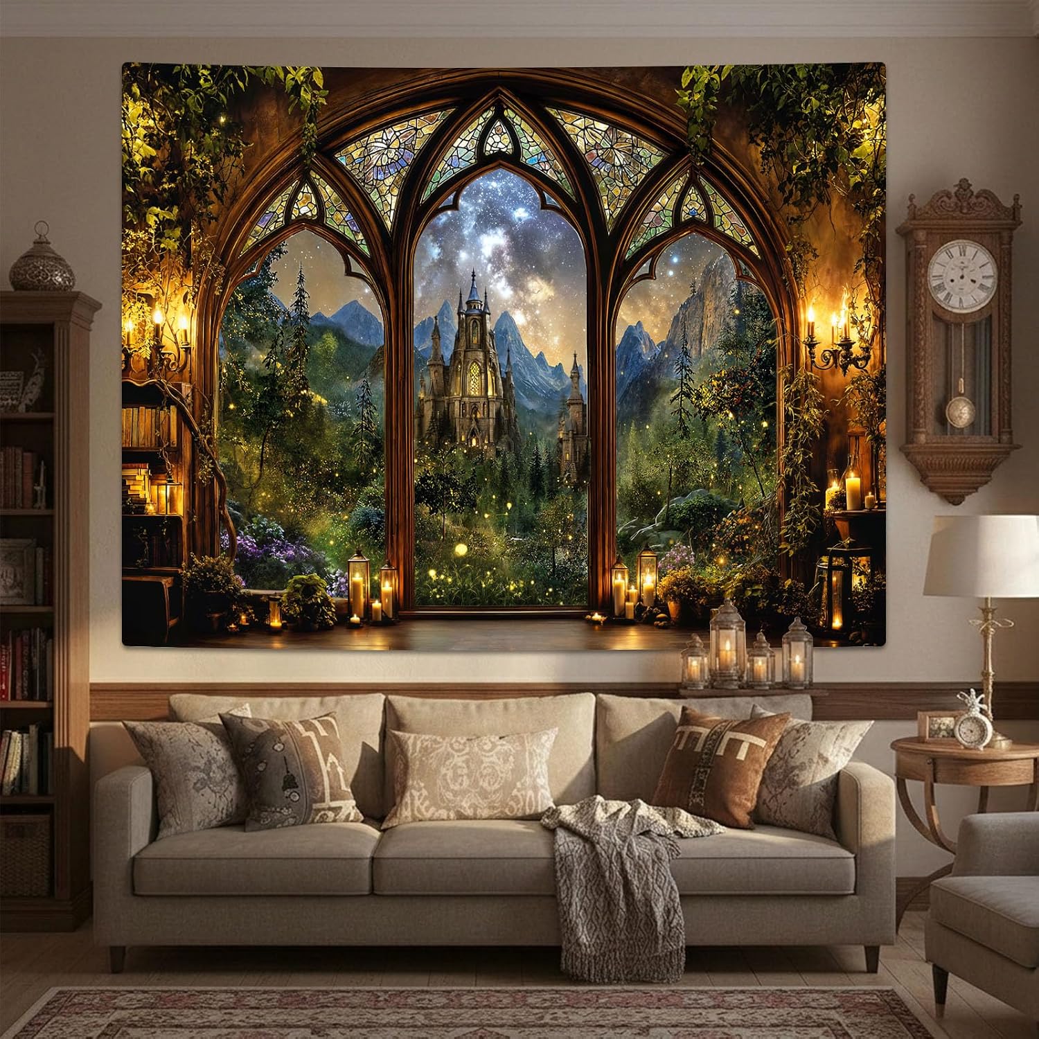 AMM Fantasy Forest Mountain Castle Window Tapestry 48x36 Inch image 4