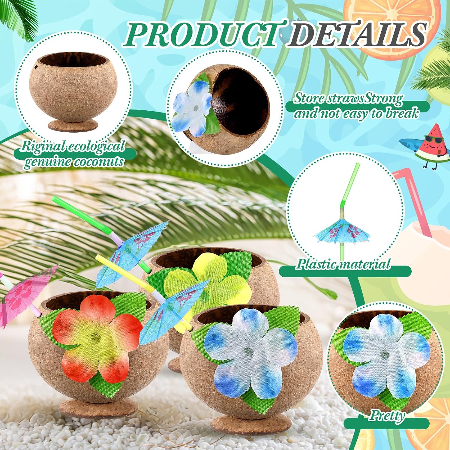 Yungyan 6 Pcs Hawaiian Coconut Cups and Hawaiian Leis Set with Natural 10oz Tiki Bowls, and Umbrella Straws for Luau Party Supplies, Tropical Beach Decorations, Summer Events