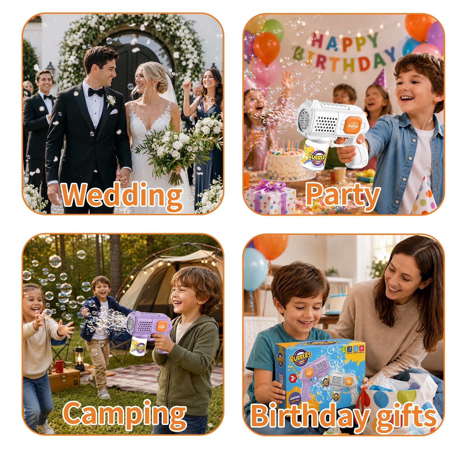 4 Stück automatische Seifenblasenpistole – 8000+ Blasen/min, tragbar mit LED-Lichtern, Seifenblasenmaschine für Kinder – Geburtstag/Hochzeit/Party/Geschenk