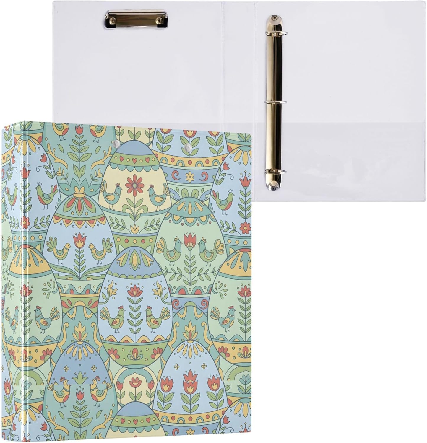 Happy Easter Eggs Design 3 Ring Binders, 1.5” Round Ring Binders with Clipboard - Letter Size, 3 Interior PVC Clear Pockets & Anti-Slip Clip for Office School Supplies, 2PCS