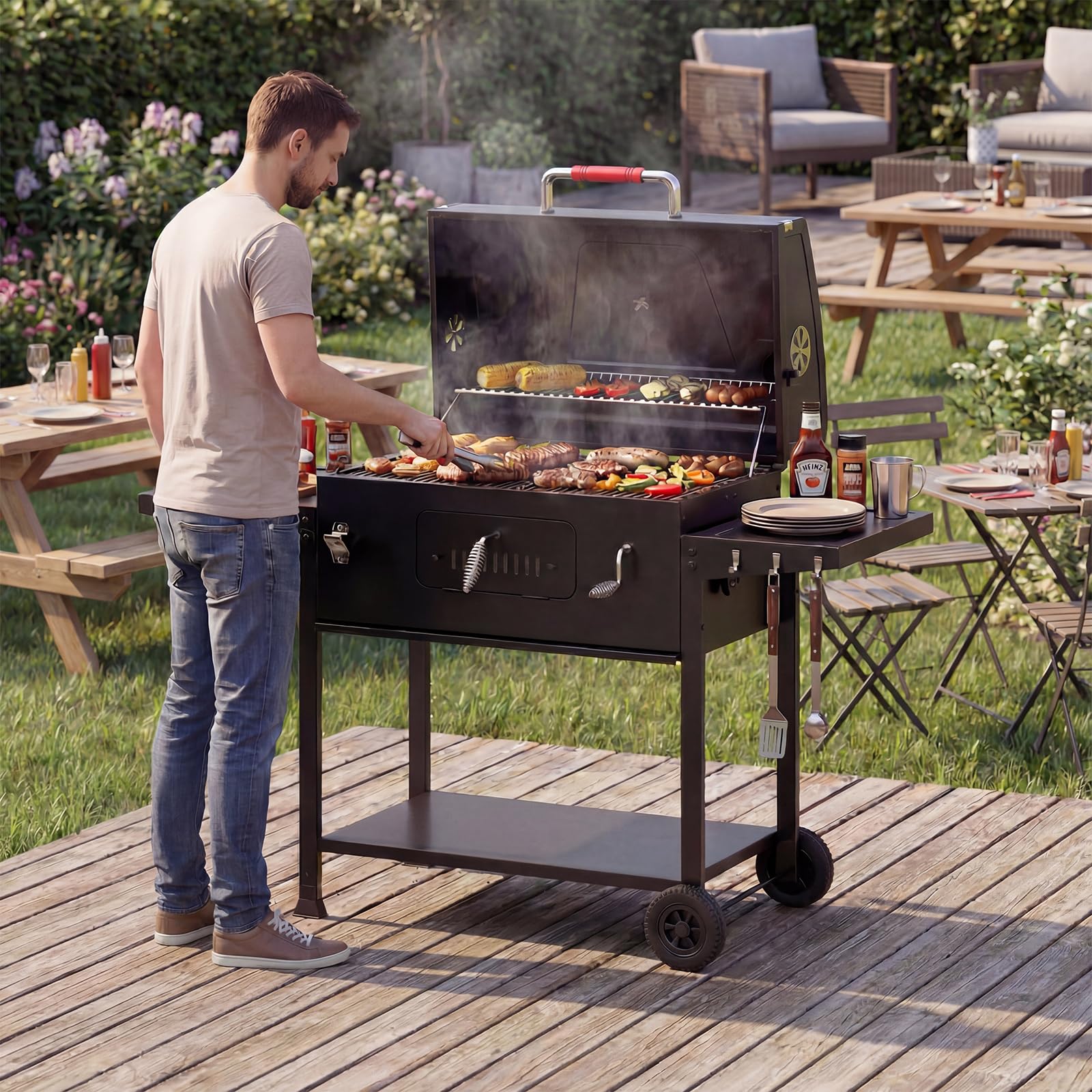 JUMMICO Tragbarer Holzkohlegrill mit Schornstein Schnellaufheizen Klappbaren Seitenbrettern Thermometer Zubehör für Familie Camping Garten BBQ