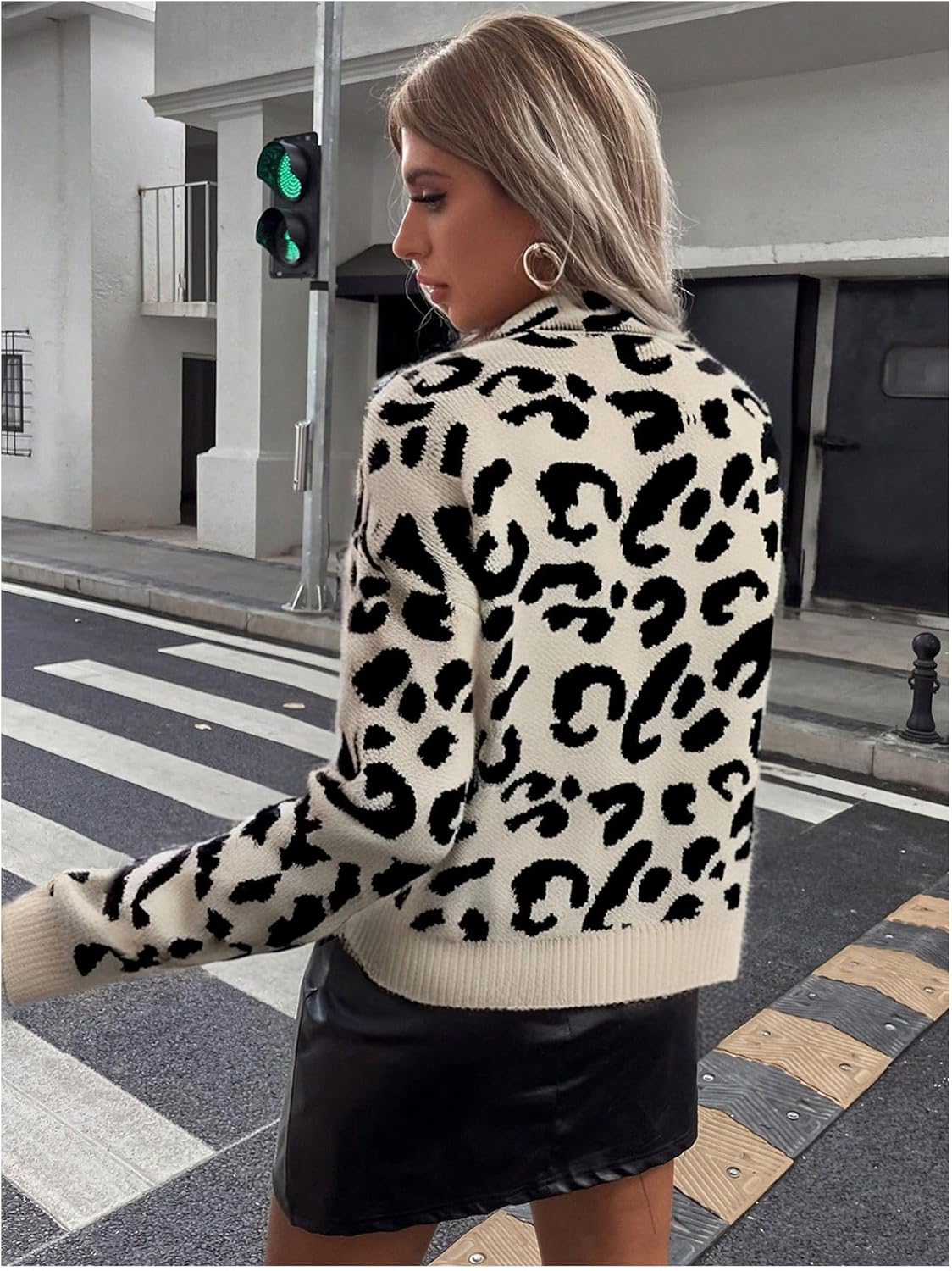 OYOANGLE Women's Leopard Print Sweater Long Sleeve Mock Neck Drop Shoulder Knitted Tops - Image 2