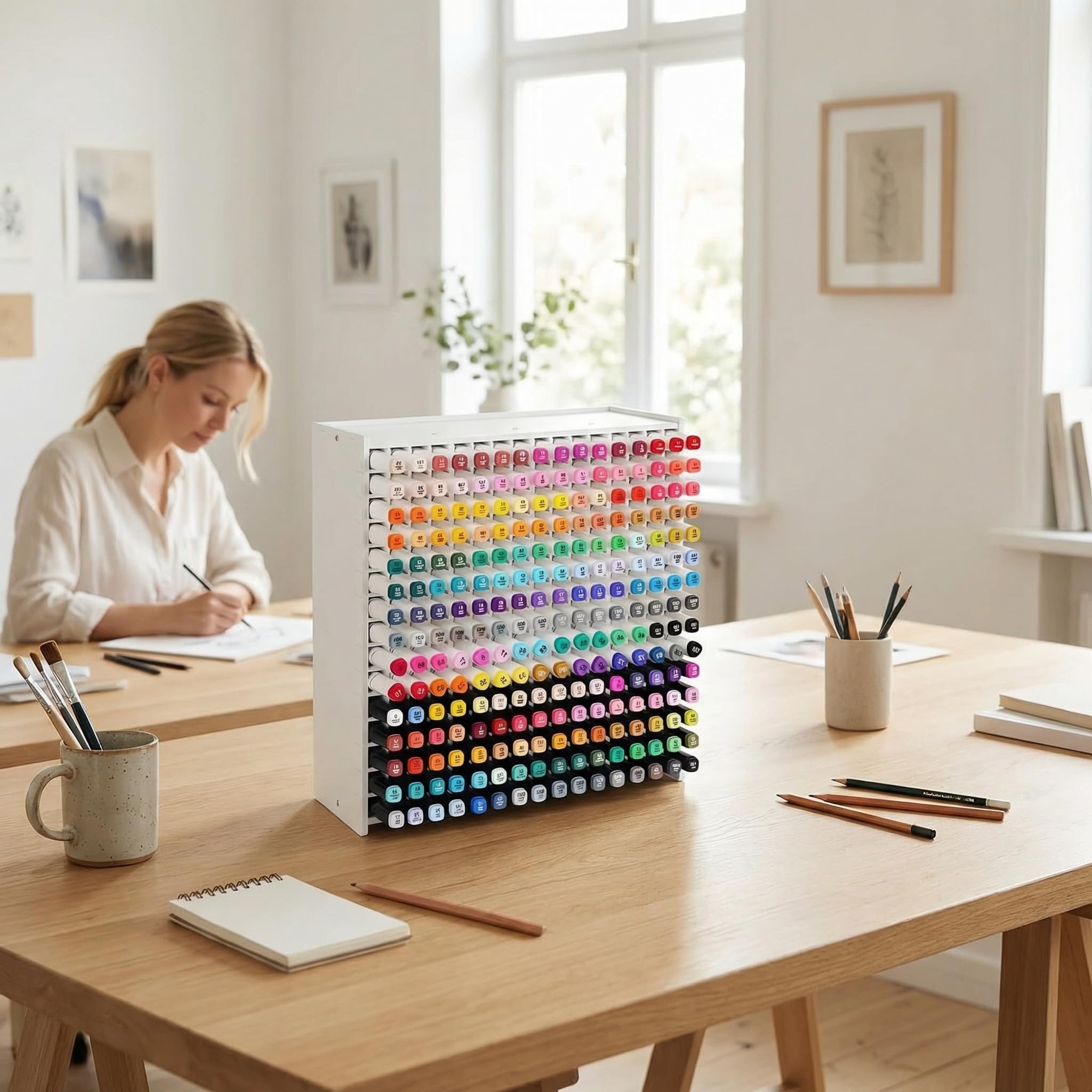 240 Fächer Stifte Organizer Schreibtisch, Großer Marker Organizer mit Verstellbaren Trennwänden, Robuster Stiftehalter Aufbewahrung für Marker, Stiftebox für Kinder, Künstler & Büro (Weiß)
