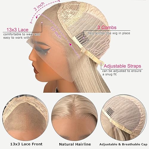 Miniatura 5 de JPIKAQIU Pelucas de encaje frontal de color rubio ceniza, peluca larga y recta con encaje frontal, línea capilar natural, color rubio ceniza,