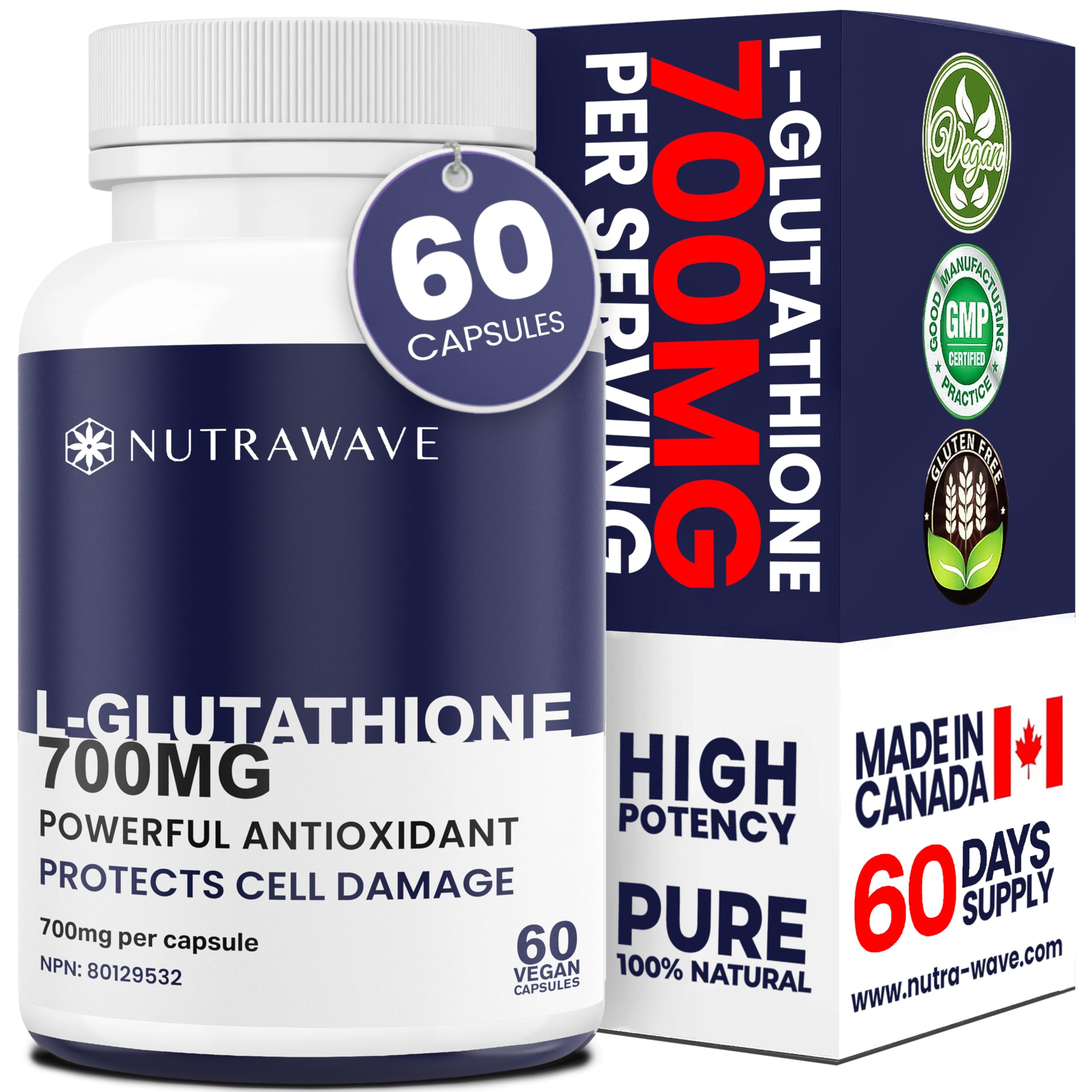 Nutrawave HIGHEST POTENCY AVAILABLE L-Glutathione 700mg per capsule  Supplement,- Non-GMO, Soy & Gluten Free