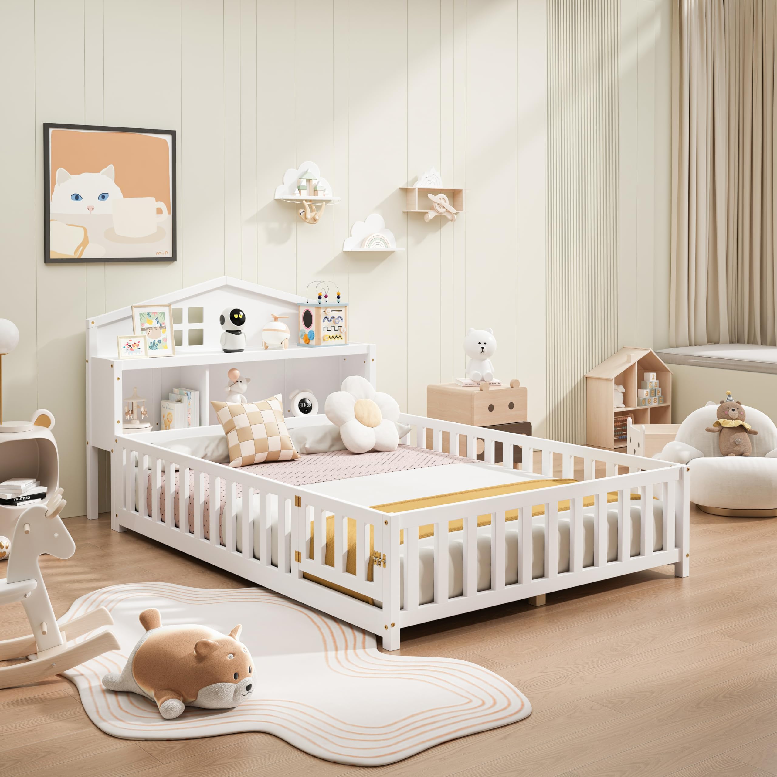 Bellemave Full Size Floor Bed for Kids, Girls, Boys, Solid Wood Montessori Bed with Storage headboard, Full Size Montessori Floor Bed with Door, Kids Floor Bed with Storage, White