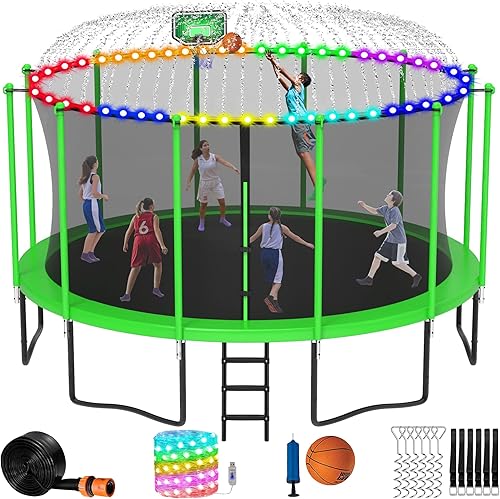 LHX 12FT 14FT 15FT 16FT Tranpoline for Adults and Kids, 1500LBS Capacity for 10 Kids, Recreational Tranpoline with Sprinkler, Light, Enclosure Net,