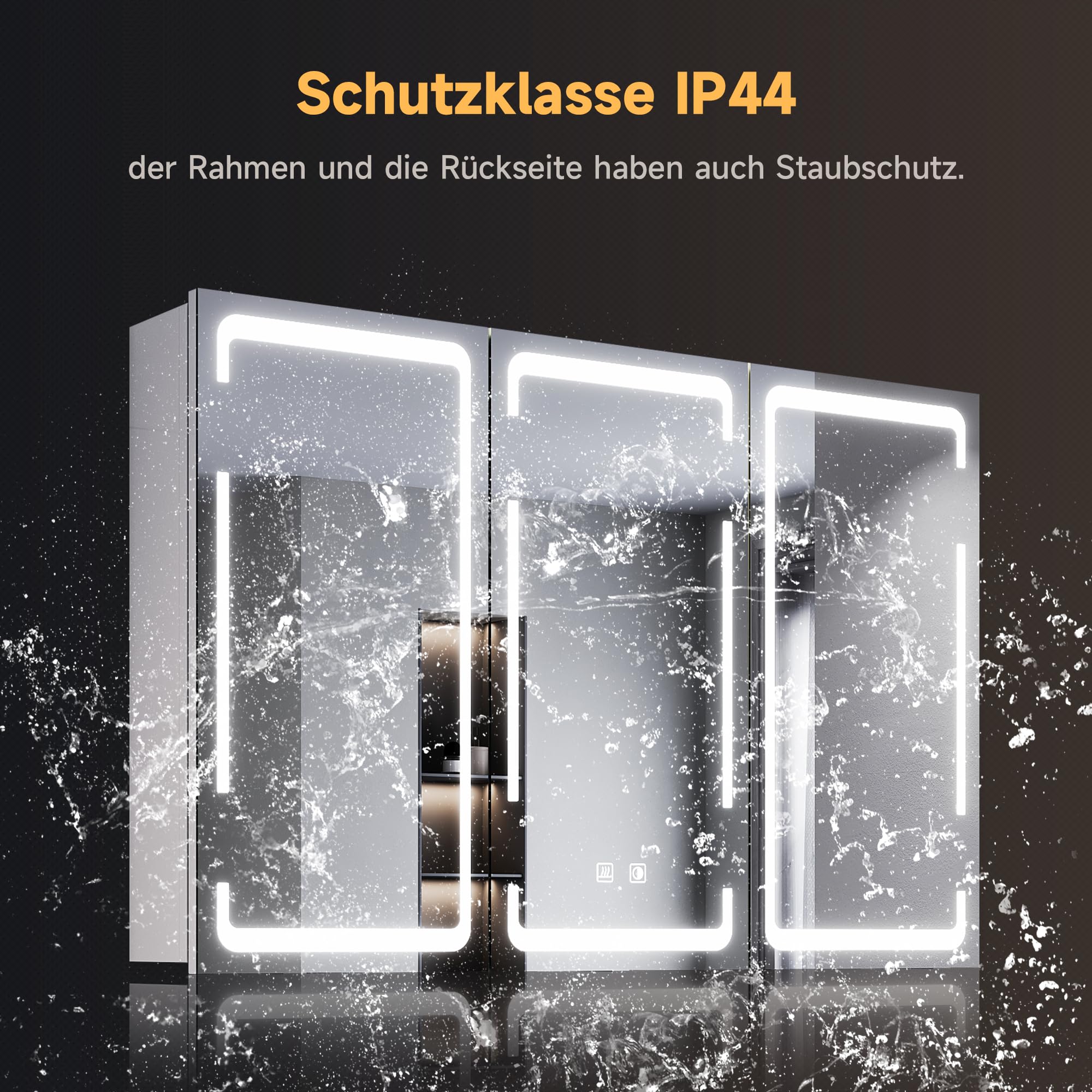 SONNI Szafka łazienkowa z lustrem LED, 90 x 60 cm, 3-drzwiowa, metalowa szafka z lustrem z przełącznikiem dotykowym, 3 kolory światła + defogging, bezprzewodowy zawias, biała, łazienka, szafka