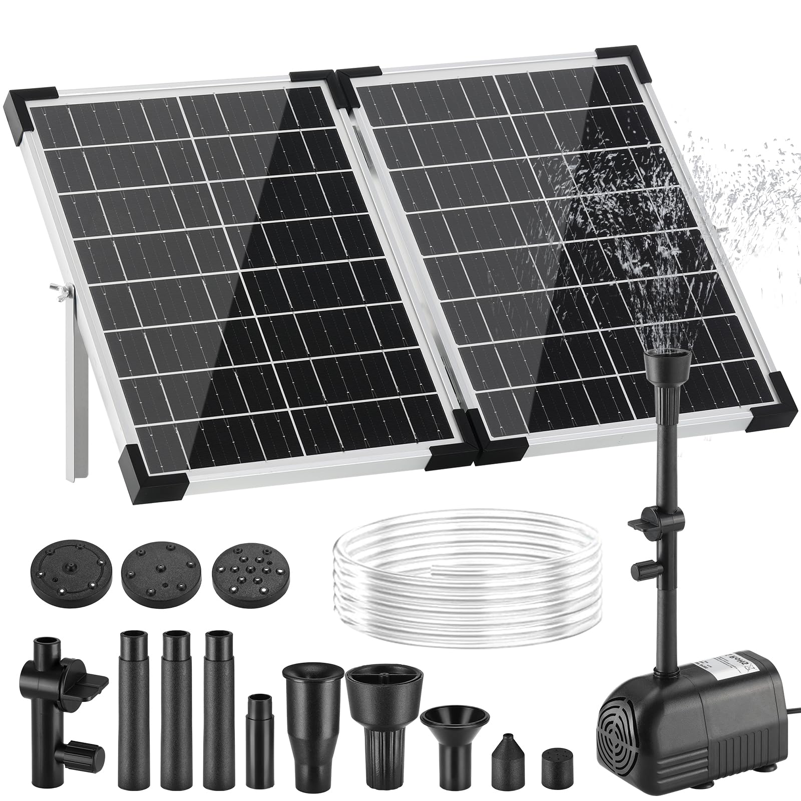 Clevich 35W Fontaine Solaire pour Bassin, 280 L/H,Max 220cm,pour Grands Bassins (8-15 m²),Panneau en Verre 100% avec Moteur sans Balais,4+4 Buses et 2Filtres,Câble de 5m,Kit Spécial Fontaine et Bassin